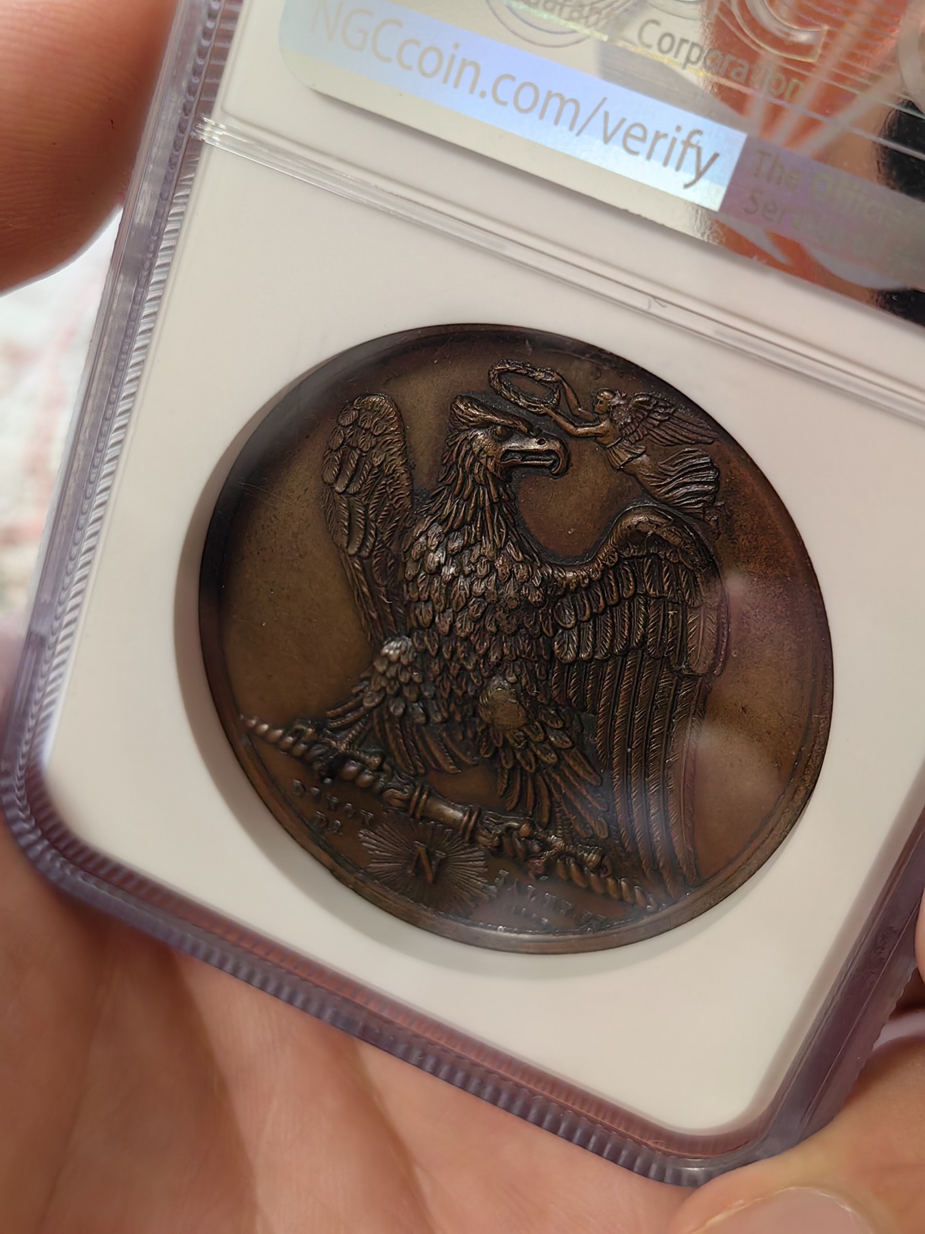橡树集藏-006场 海纳百川 NGC-ms62 拿破仑 1807 胜利纪念铜章，原铸，背面雄鹰被冠以“胜利之冠”，肖像由DROZ雕刻，加厚盒。