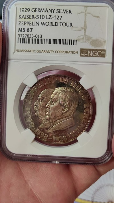 橡树集藏-006场 海纳百川 NGC-ms67 1929 齐柏林飞艇环游世界纪念银章，超顶级高分，镜面五彩。