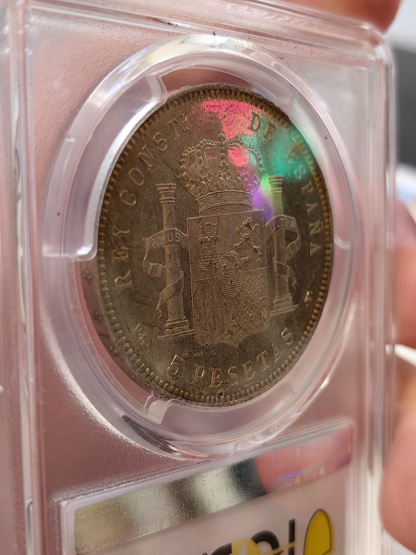 橡树集藏-006场 海纳百川 pcgs-ms63 1896年西班牙5比塞塔大银币 经典男童设计 冠军分大特年 评级量仅8枚 ms可遇不可求 双面黄油淡彩 实物pl感强烈 观感极佳