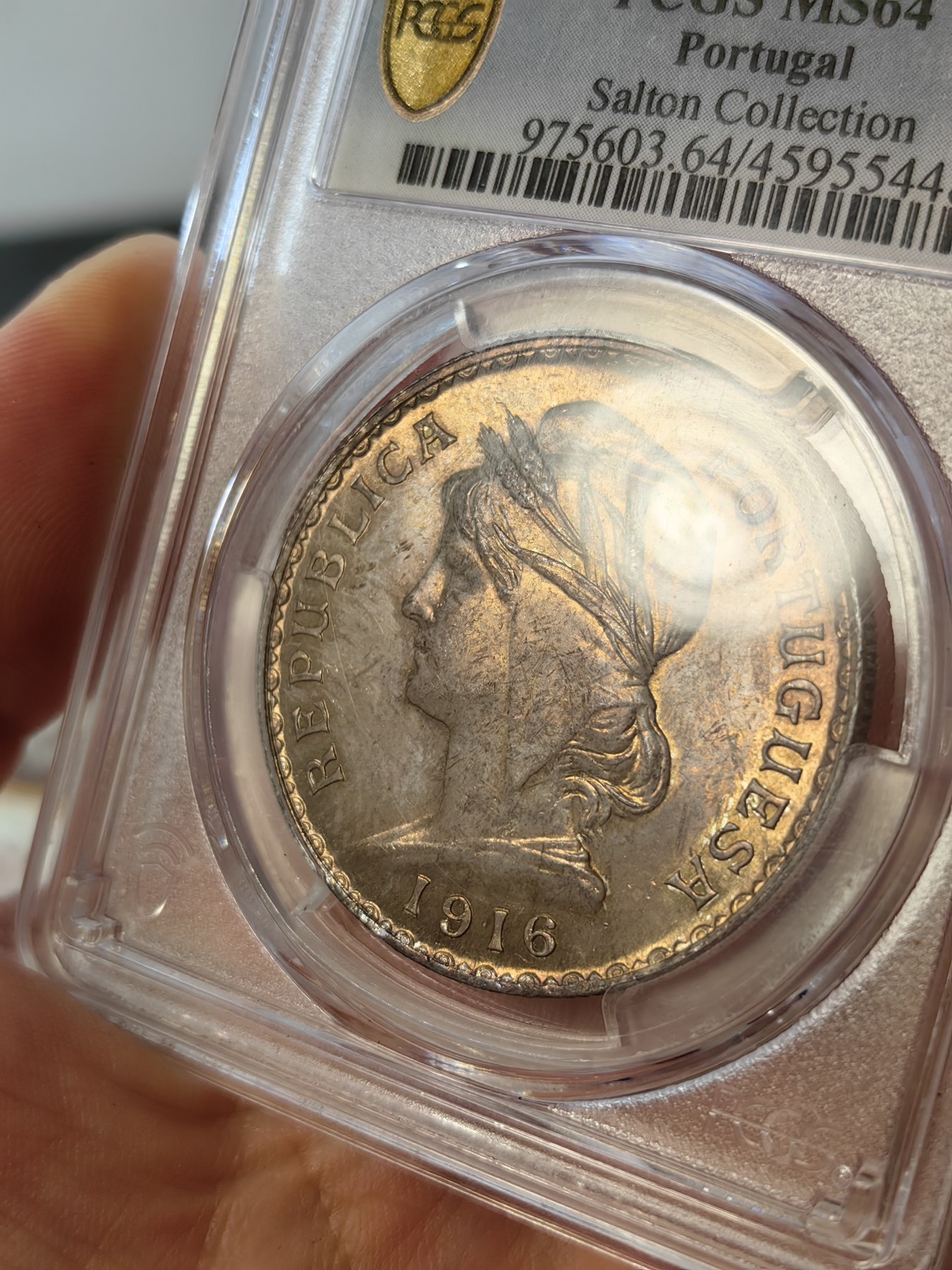 橡树集藏-006场 海纳百川 pcgs-Ms64 1916年葡萄牙埃斯库多大银币，谷物女神。数据库亚军分，仅仅一枚64+更高。官网广告币，双面顶级欧陆老彩浆，实物绝美。Salton Collection，名家旧藏。欧陆女神大银币，热门潜力股。