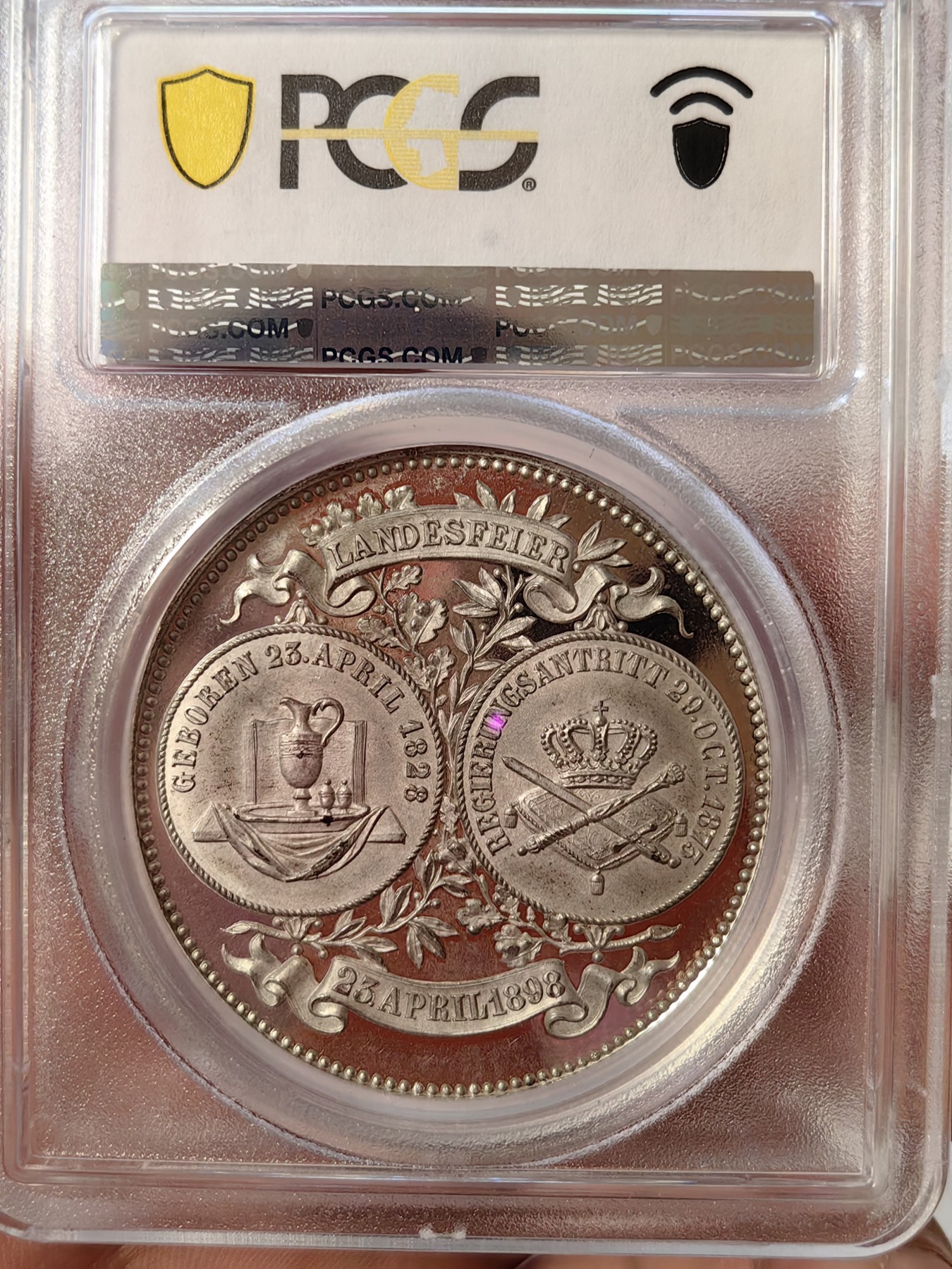 橡树集藏-006场 海纳百川 pcgs-sp64 1898年德国萨克森阿尔伯特纪念章  pc唯一冠军分 顶级镜面 高浮雕加厚盒