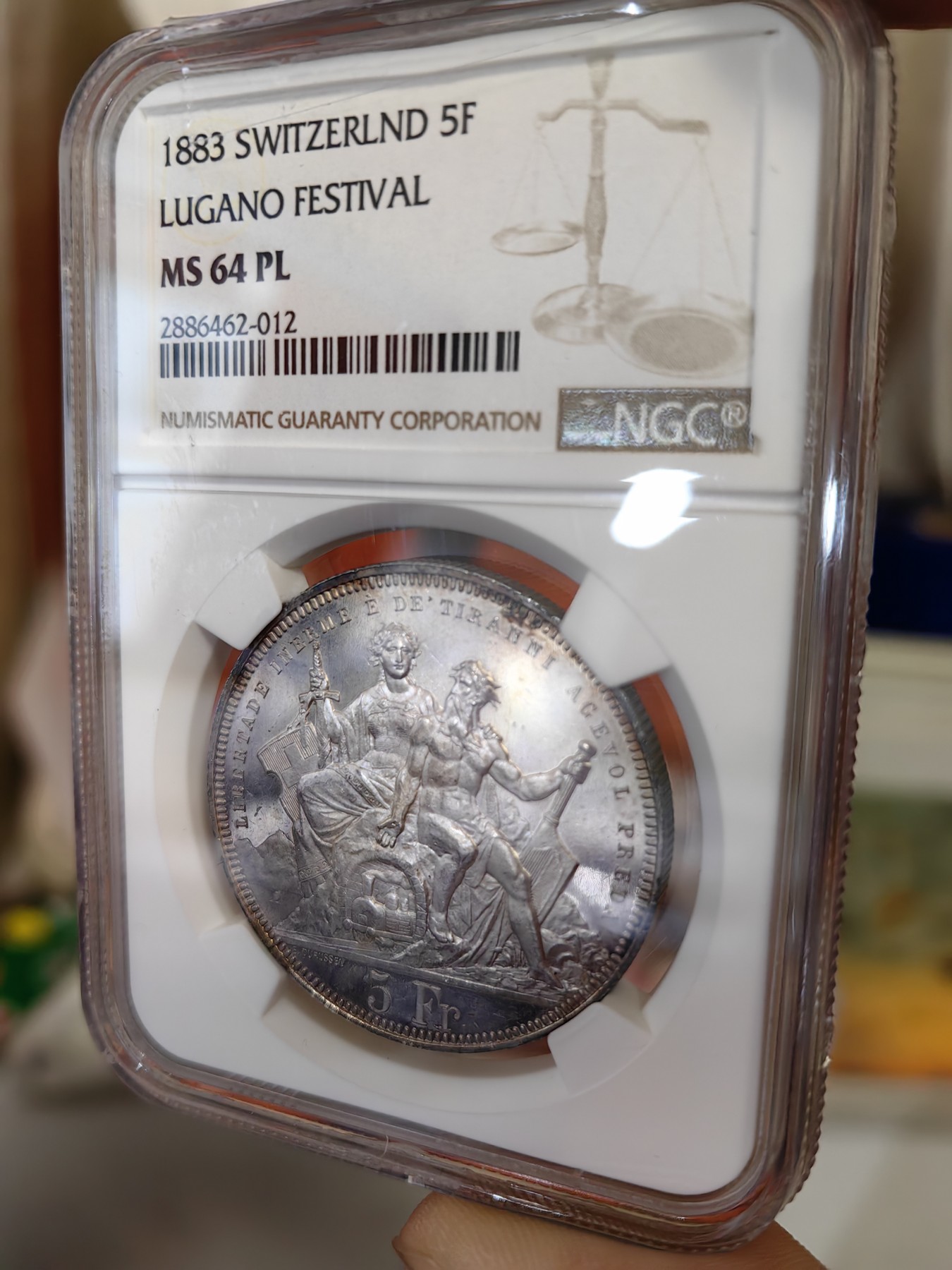 橡树集藏-006场 海纳百川 ngc-ms64pl 1883年瑞士卢加诺射击节5法郎大银币 pl唯一评级  极其罕见的prooflike射击节 实物绝美 令人惊叹