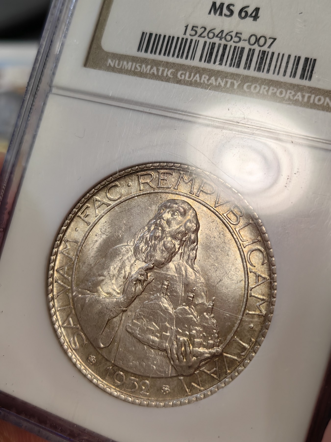 橡树集藏-006场 海纳百川 ngc-ms64 1932年圣马力诺20里拉大银币 环彩黄油包浆 双车轮顶级霜光 老盒严评品质保障 实物状态极佳