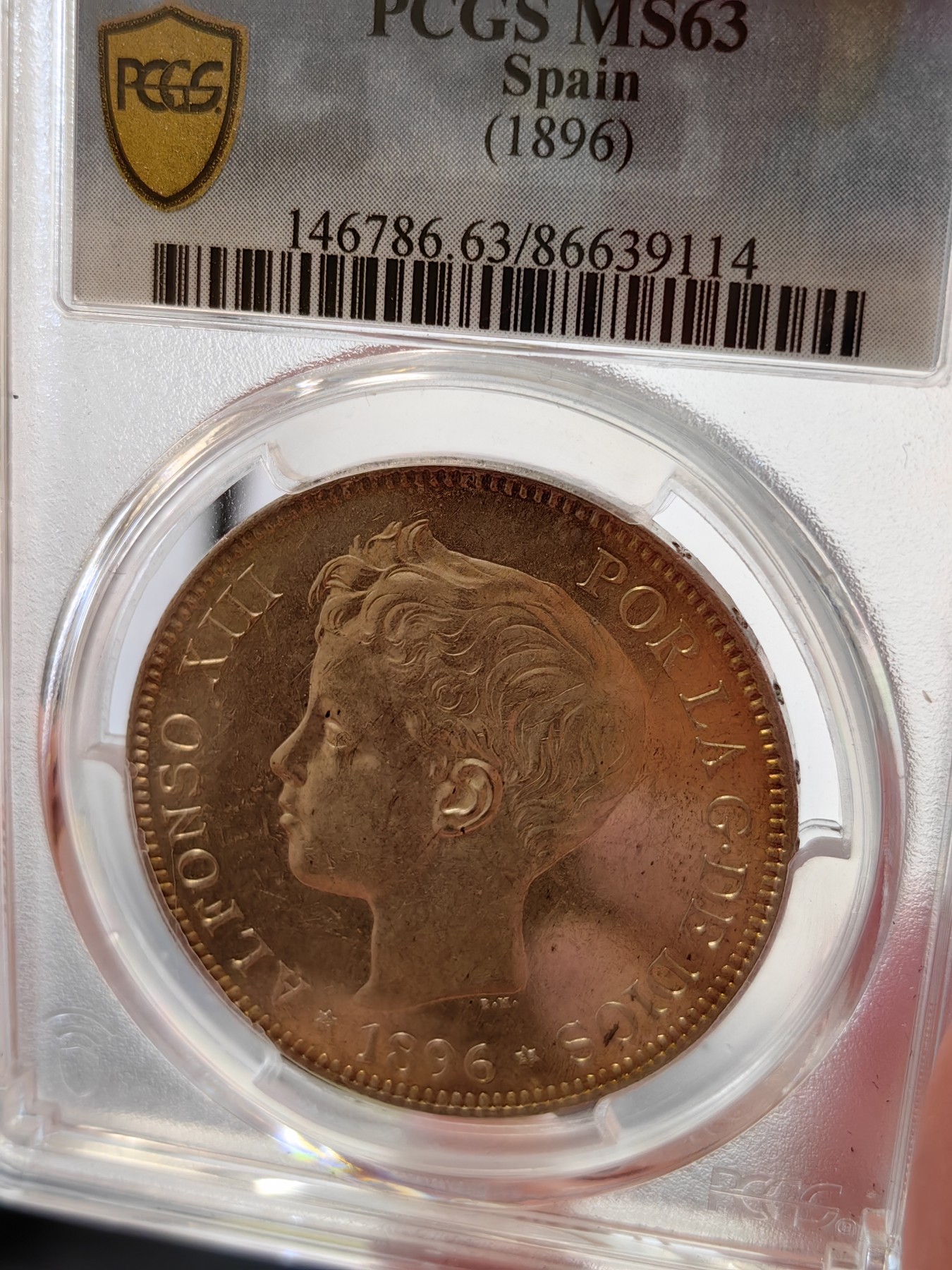 橡树集藏-006场 海纳百川 pcgs-ms63 1896年西班牙5比塞塔大银币 经典男童设计 冠军分大特年 评级量仅8枚 ms可遇不可求 双面黄油淡彩 实物pl感强烈 观感极佳