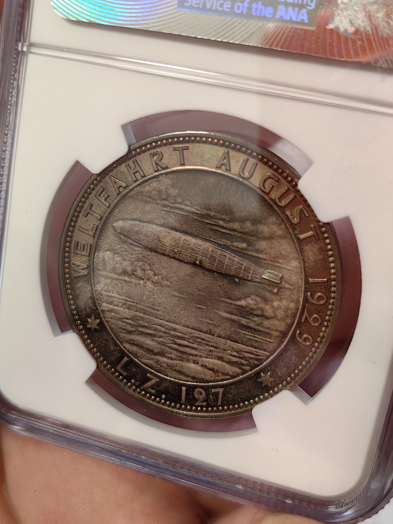 橡树集藏-006场 海纳百川 NGC-ms67 1929 齐柏林飞艇环游世界纪念银章，超顶级高分，镜面五彩。