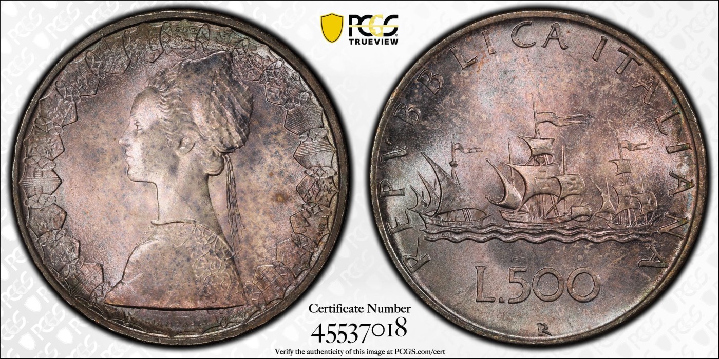 橡树集藏-006场 海纳百川 pcgs-ms66 1958年意大利500里拉银币 热门帆船人妻 经典设计 双面顶级浓郁彩浆 无敌车轮霜光 纵享丝滑 不可多见首年版 亚军分 仅一枚66+更高 实物绝美