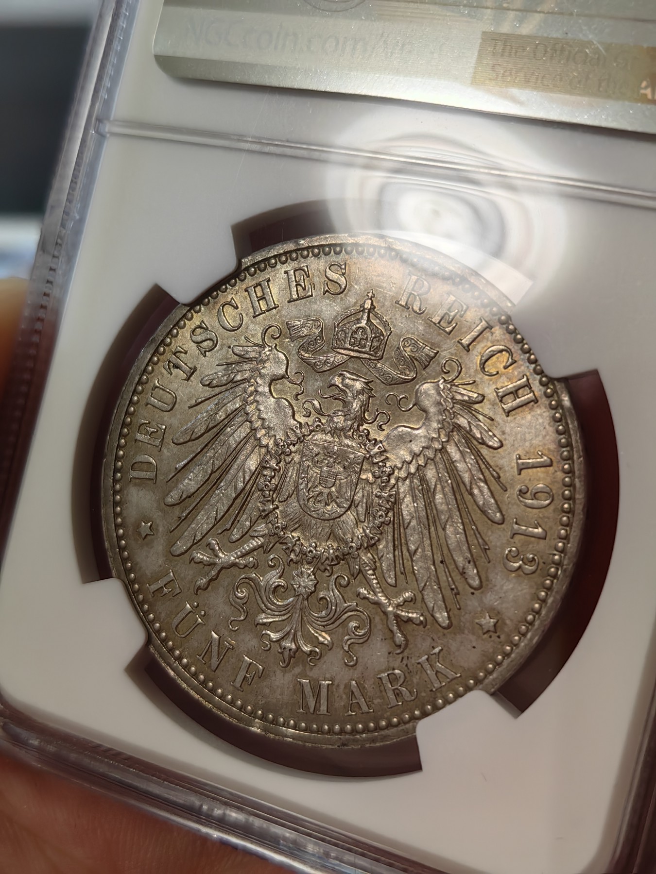 橡树集藏-006场 海纳百川 NGC-MS63 1913年 德国汉堡双狮5马克 温润五彩包浆 沁人心脾 超强底板 严评 入手典藏佳品 