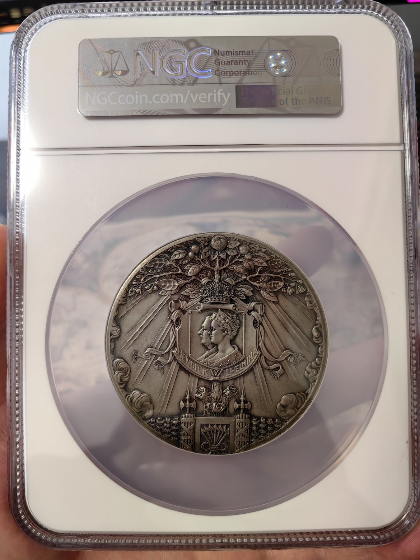 橡树集藏-006场 海纳百川 NGC MS63 1909年荷兰朱莉安娜公主诞生纪念大银章，发行量400枚，荷兰王室经典名章 现在好品相的越来越难见到！！！