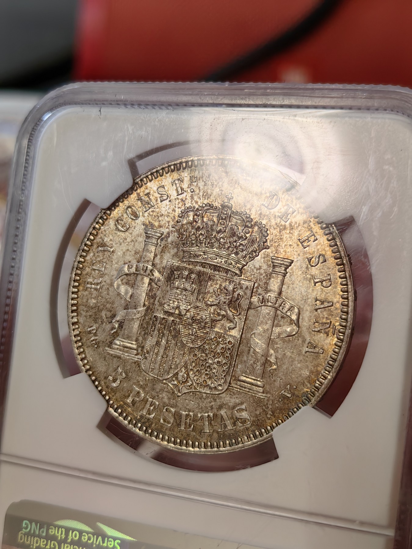 橡树集藏-006场 海纳百川 ngc-ms63 1894年西班牙5比塞塔双柱大银币 阿方索十三世 数据库亚军分 可爱的爆炸头男童 车轮原银霜光 欧陆黄油斑驳彩浆 流通币有此品相 实属不易 评级数量稀少 西班牙及西属钱币涨幅明显 大热门品种