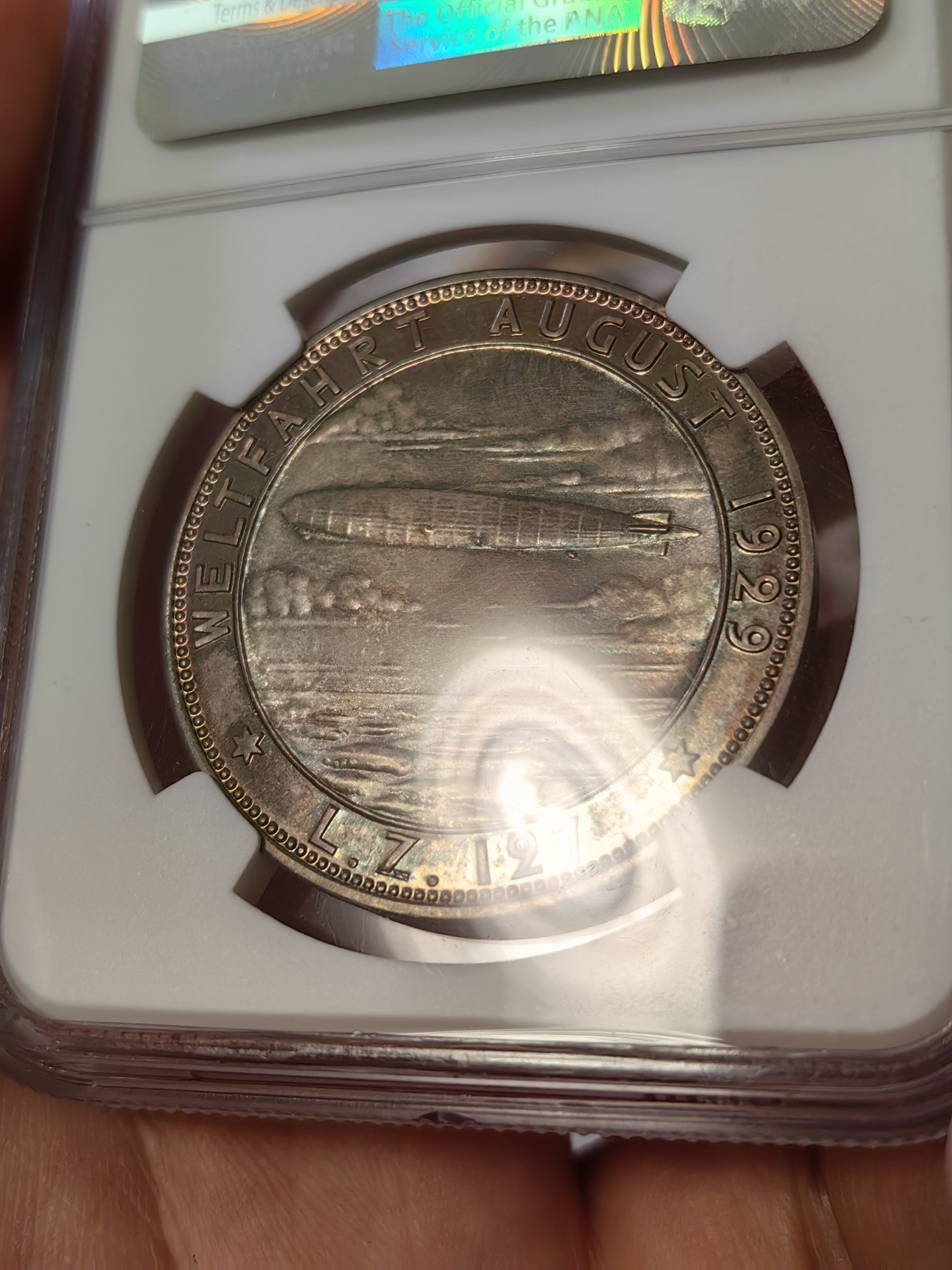 橡树集藏-006场 海纳百川 NGC-ms67 1929 齐柏林飞艇环游世界纪念银章，超顶级高分，镜面五彩。