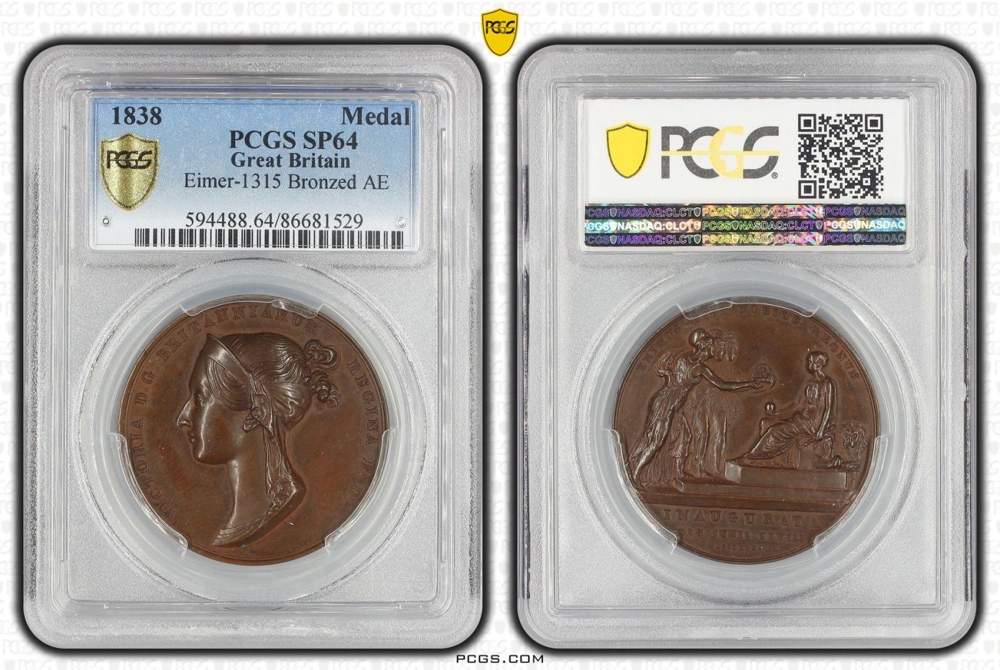 橡树集藏-006场 海纳百川 pcgs-SP64，1838年英国维多利亚女王加冕铜章，皇室官方章。顶级品相，铜色四溢，观感极佳，实物极美。伦敦造币厂，铸造量260枚，直径36mm。超高浮雕，细节令人惊叹，加厚盒。小维，yyds。一个高度充满活力的红棕色标本，表面有大量闪烁的光彩。皮斯特鲁奇操刀，他的代表作：圣乔治屠龙和滑铁卢战役纪念章。天才人物，少年有为。直到今天，女王伊丽莎白二世的主权金币上，还刻着由他设计的圣乔治屠龙形象～