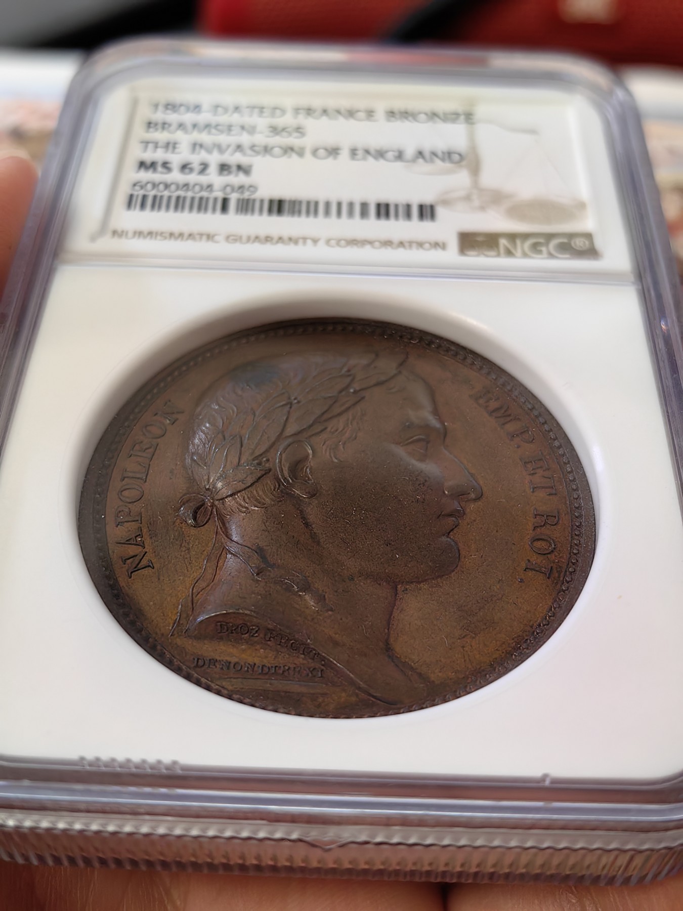 橡树集藏-006场 海纳百川 NGC-ms62 拿破仑1804原铸铜章，入侵英格兰，稀有品种，肖像由DROZ 雕刻（早期人像风格，少见）加厚盒。