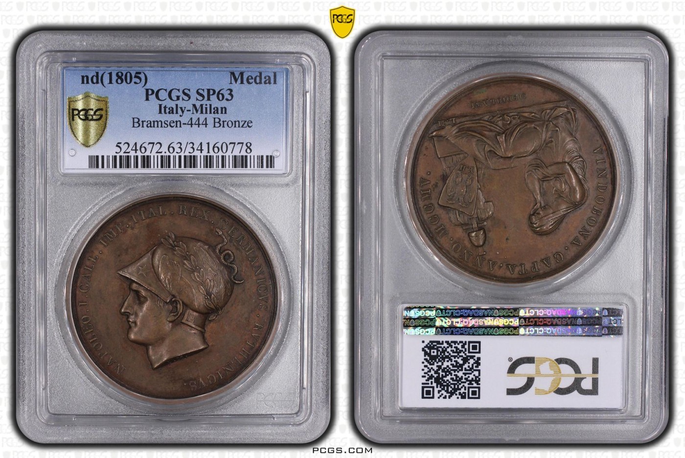 橡树集藏-006场 海纳百川 1805年法国拿破仑一世铜样章，pcgs-SP63。意大利米兰版本。数据库唯一亚军分，少见。攻占维也纳，原铸铜样章，42mm。超高浮雕加厚盒子，状态极佳，实物极美。正面:拿皇头戴月桂冠和柯林斯式头盔装饰有鹰和霹雳，冠饰蛇。背面:奥地利维也纳女神因首都被法军攻占，神情哀伤，有一种征服的快感。法兰西帝国拿破仑大帝的辉煌岁月，横扫欧洲。Vive La France！