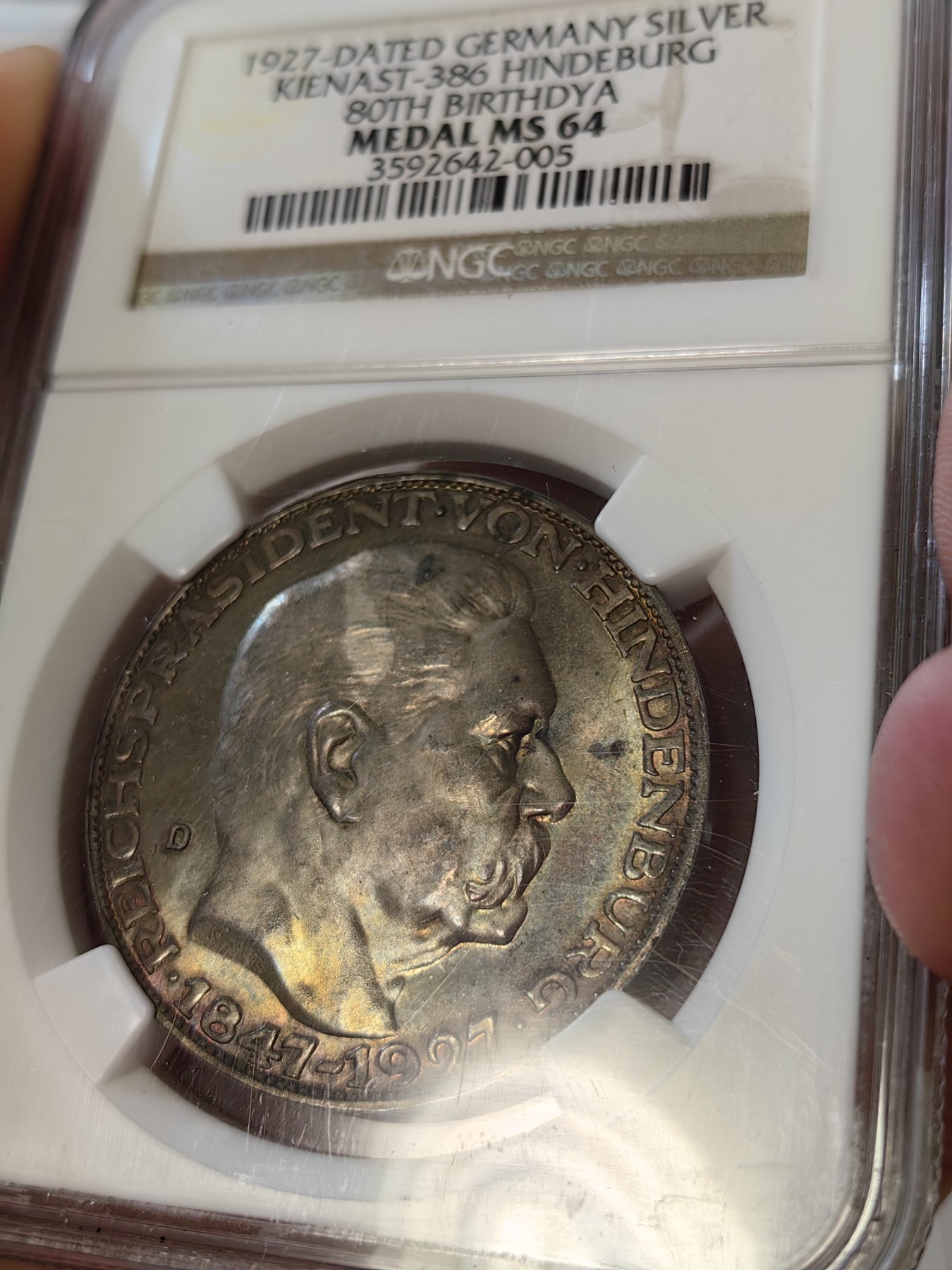 橡树集藏-006场 海纳百川 ngc-ms64 1927年德国银章 兴登堡80大寿纪念 老盒 卡尔哥茨经典品种 双面浓郁重彩包浆 底板浮雕都很好 低评严重