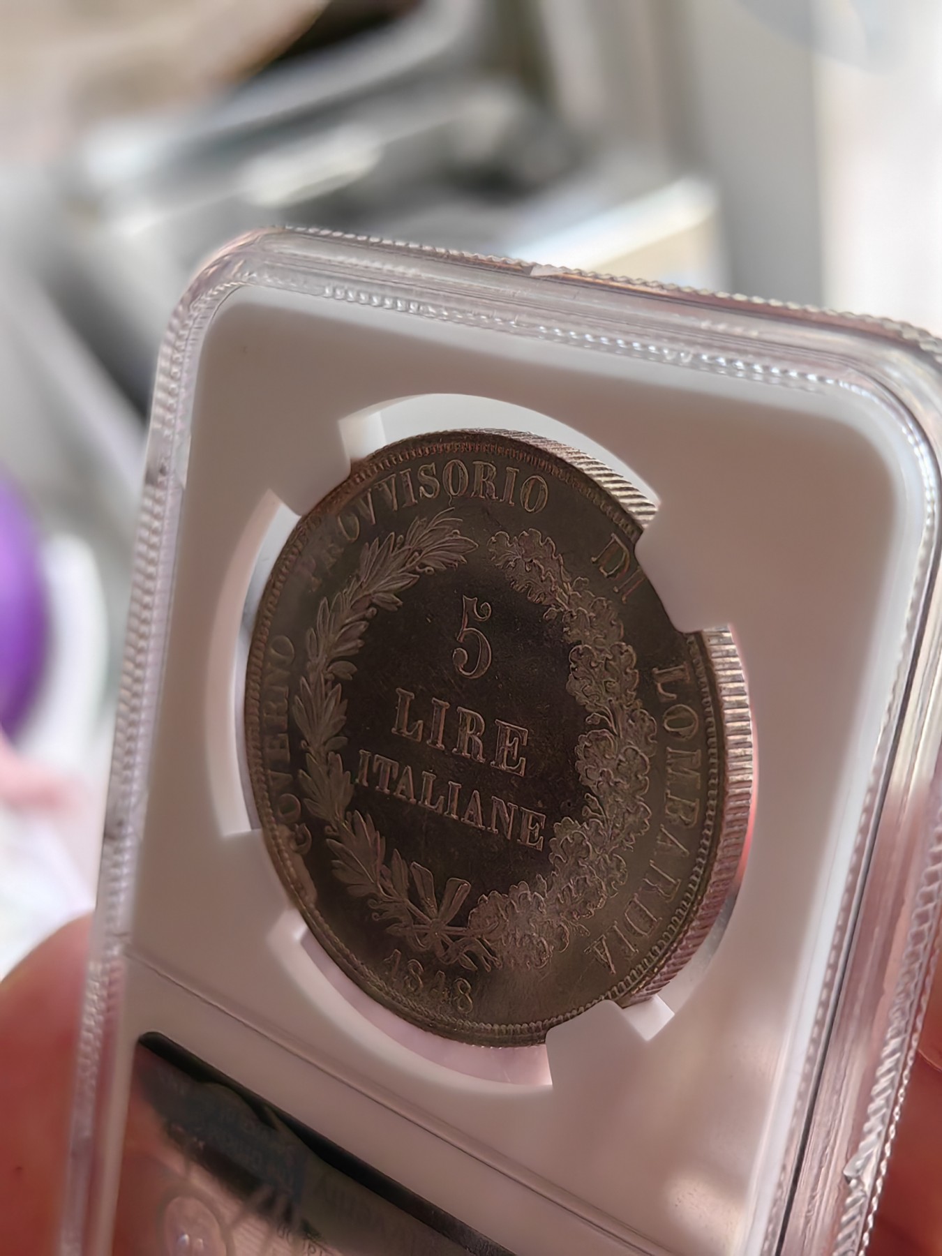 橡树集藏-006场 海纳百川 NGC-MS62pl 1848年意大利伦巴第5里拉，pcgs和ngc一共220个评级记录中唯一评到PL的一枚，唯一冠军分，可遇不可求 。实物精彩炫目，pl的魅力真是一绝。上帝呼唤自由之意大利，设计绝佳，单年版。