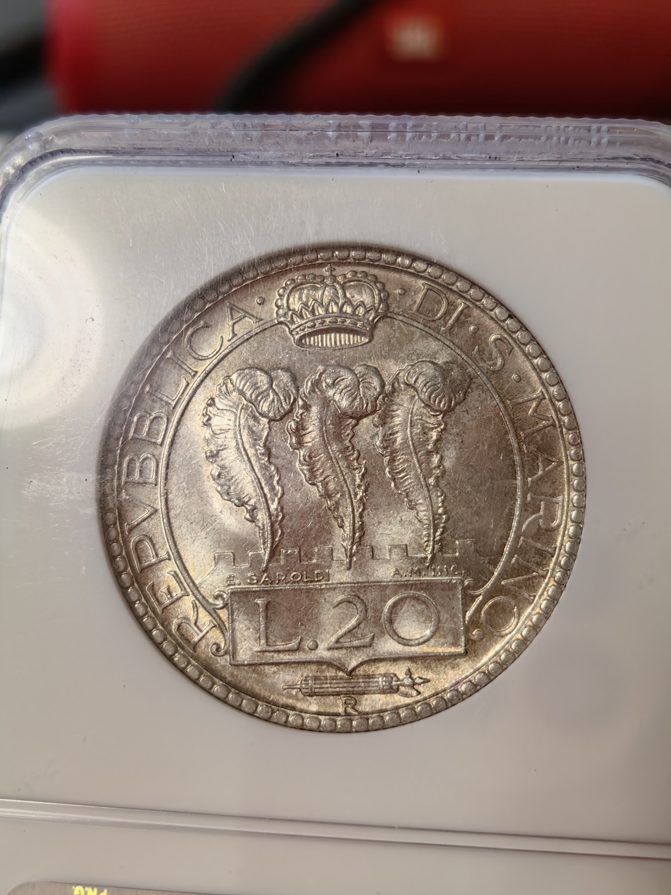 橡树集藏-006场 海纳百川 ngc-ms64 1932年圣马力诺20里拉大银币 环彩黄油包浆 双车轮顶级霜光 老盒严评品质保障 实物状态极佳