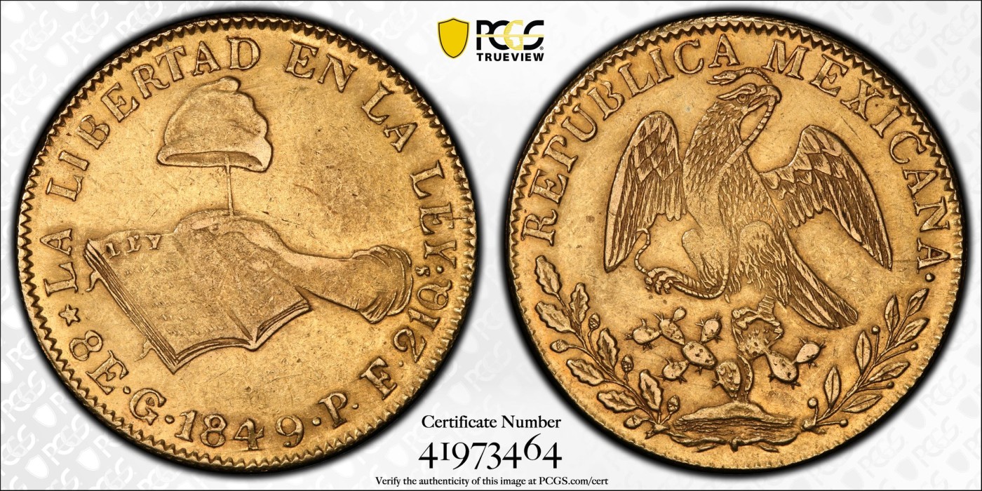 橡树集藏-006场 海纳百川 pcgs-au58 1849年墨西哥8e大金币 自由帽金鹰 老金币投资佳品