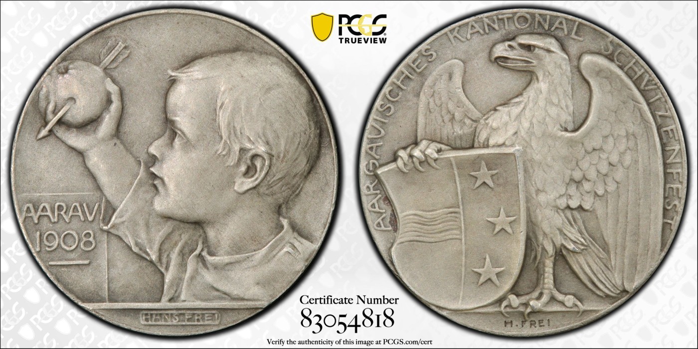 橡树集藏-006场 海纳百川 PCGS-sp64 1908年瑞士阿尔高州阿劳射击节 正面：风格化的鹰面向左，右爪握着阿尔高之盾；背面：威廉泰尔的小儿子，面向左侧，高举着被箭刺穿的苹果。新兴现代主义风格的迷人奖章。在里克特书中被列为“稀有”。铸造量仅293枚。