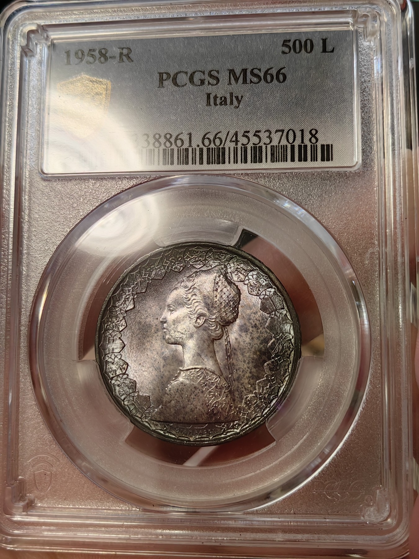 橡树集藏-006场 海纳百川 pcgs-ms66 1958年意大利500里拉银币 热门帆船人妻 经典设计 双面顶级浓郁彩浆 无敌车轮霜光 纵享丝滑 不可多见首年版 亚军分 仅一枚66+更高 实物绝美