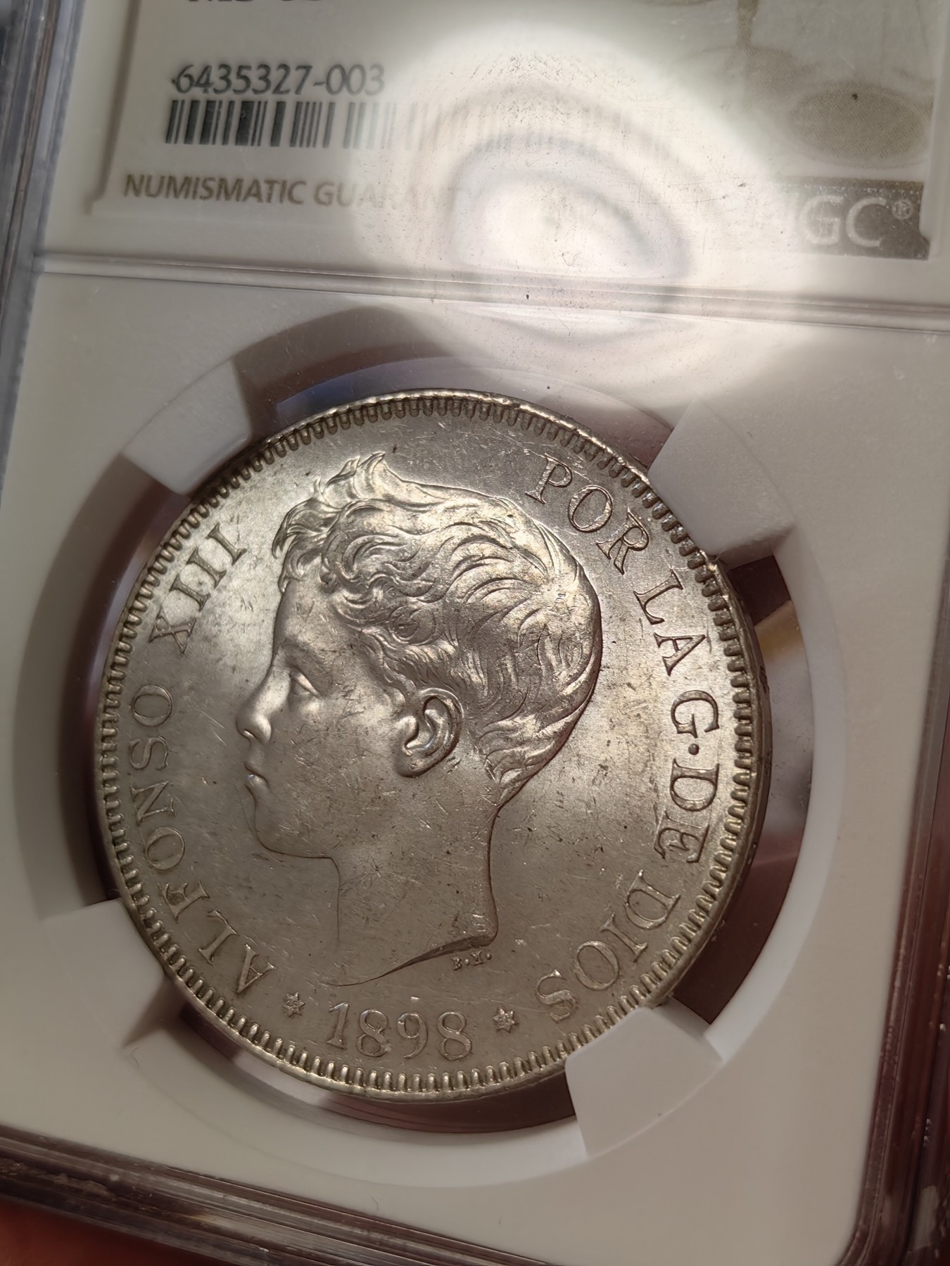 橡树集藏-006场 海纳百川 ngc-MS63 1898年西班牙5比塞塔大银币 经典的可爱男童 王冠双柱 越来越受欢迎的品种