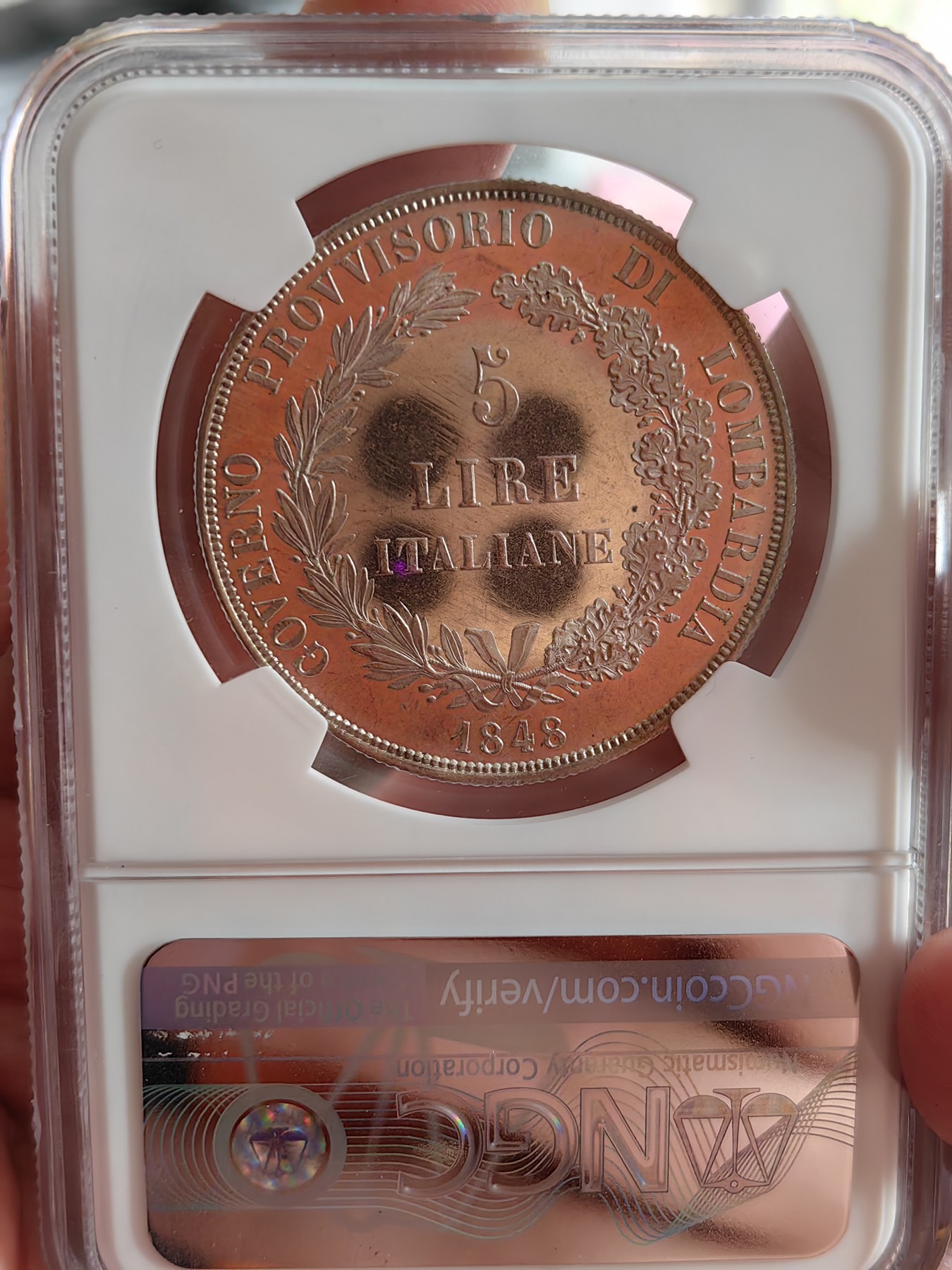橡树集藏-006场 海纳百川 NGC-MS62pl 1848年意大利伦巴第5里拉，pcgs和ngc一共220个评级记录中唯一评到PL的一枚，唯一冠军分，可遇不可求 。实物精彩炫目，pl的魅力真是一绝。上帝呼唤自由之意大利，设计绝佳，单年版。