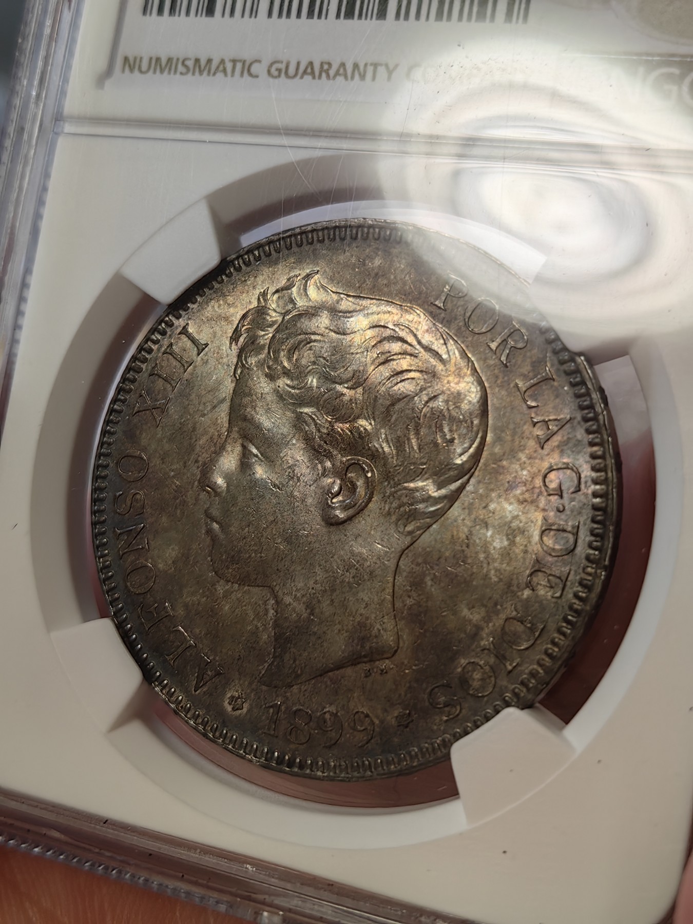 橡树集藏-006场 海纳百川 ngc-MS64 1899年 西班牙5比塞塔大银币 经典男童设计 海格力斯双柱 正面原味窖藏金彩  背面杏仁丝滑彩浆 顶级车轮光 打制优异底板佳 实物绝美