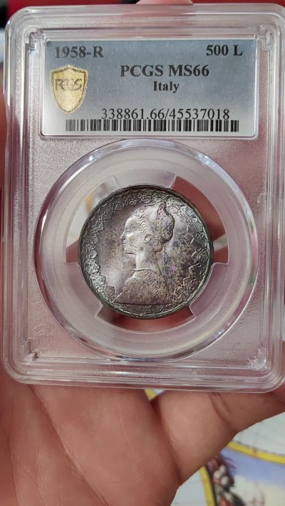 橡树集藏-006场 海纳百川 pcgs-ms66 1958年意大利500里拉银币 热门帆船人妻 经典设计 双面顶级浓郁彩浆 无敌车轮霜光 纵享丝滑 不可多见首年版 亚军分 仅一枚66+更高 实物绝美