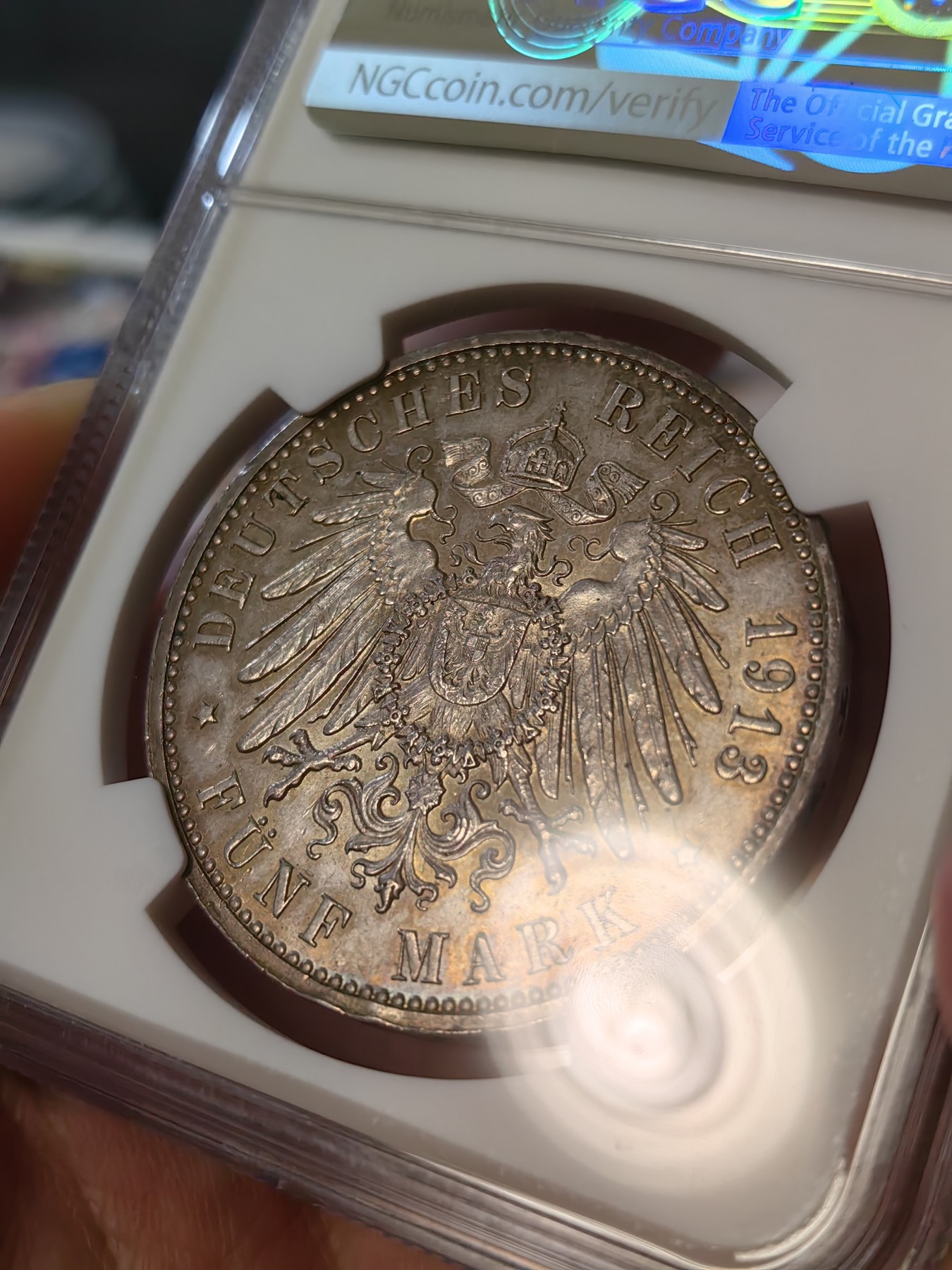 橡树集藏-006场 海纳百川 NGC-MS63 1913年 德国汉堡双狮5马克 温润五彩包浆 沁人心脾 超强底板 严评 入手典藏佳品 