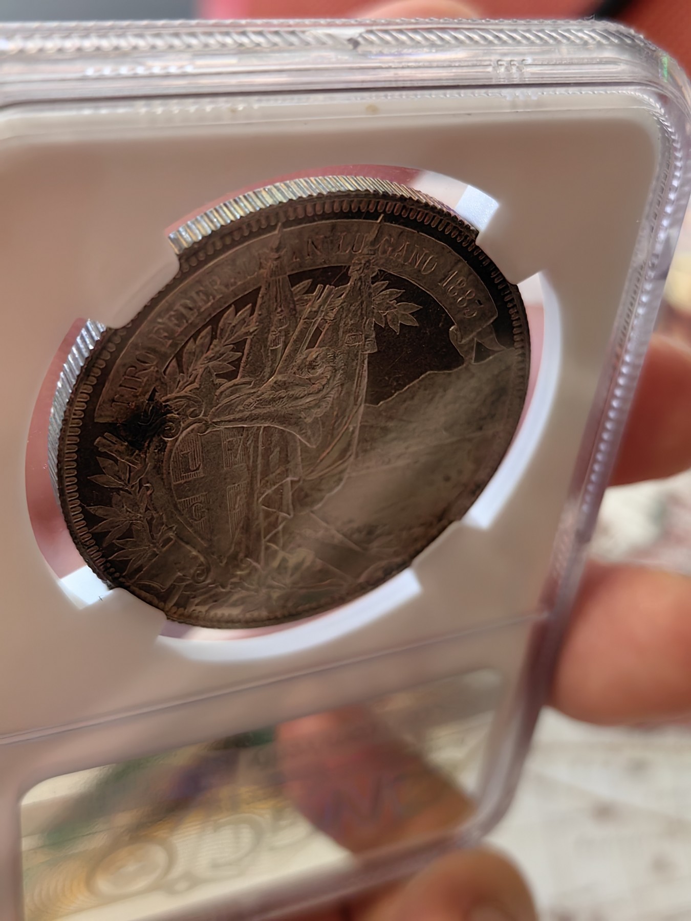 橡树集藏-006场 海纳百川 ngc-ms64pl 1883年瑞士卢加诺射击节5法郎大银币 pl唯一评级  极其罕见的prooflike射击节 实物绝美 令人惊叹