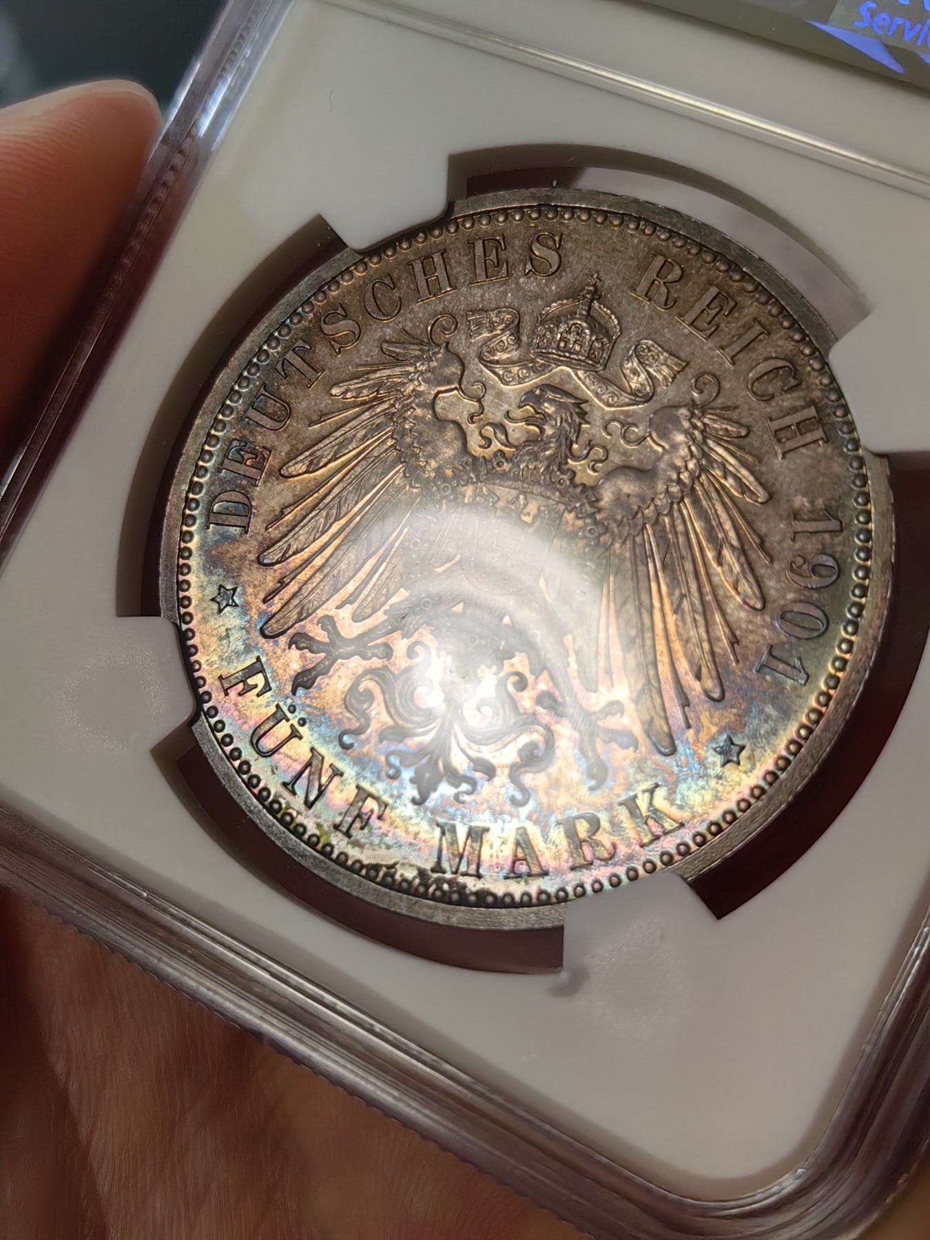 橡树集藏-006场 海纳百川 ngc-pf66 1901年普鲁士精制建国5马克，冠军分。铸造量稀少，顶级品。梦幻五彩，双面彩虹。实物美得一塌糊涂。状态为王，此枚无敌。