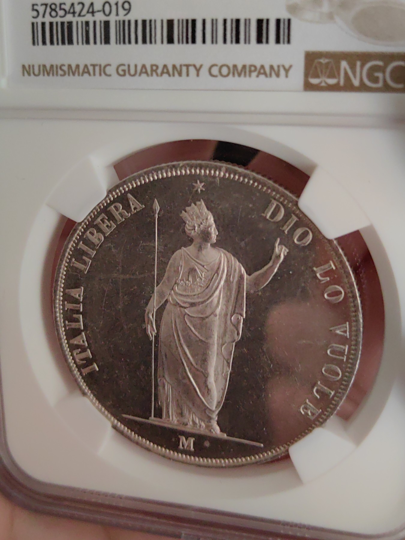 橡树集藏-006场 海纳百川 NGC-MS62pl 1848年意大利伦巴第5里拉，pcgs和ngc一共220个评级记录中唯一评到PL的一枚，唯一冠军分，可遇不可求 。实物精彩炫目，pl的魅力真是一绝。上帝呼唤自由之意大利，设计绝佳，单年版。