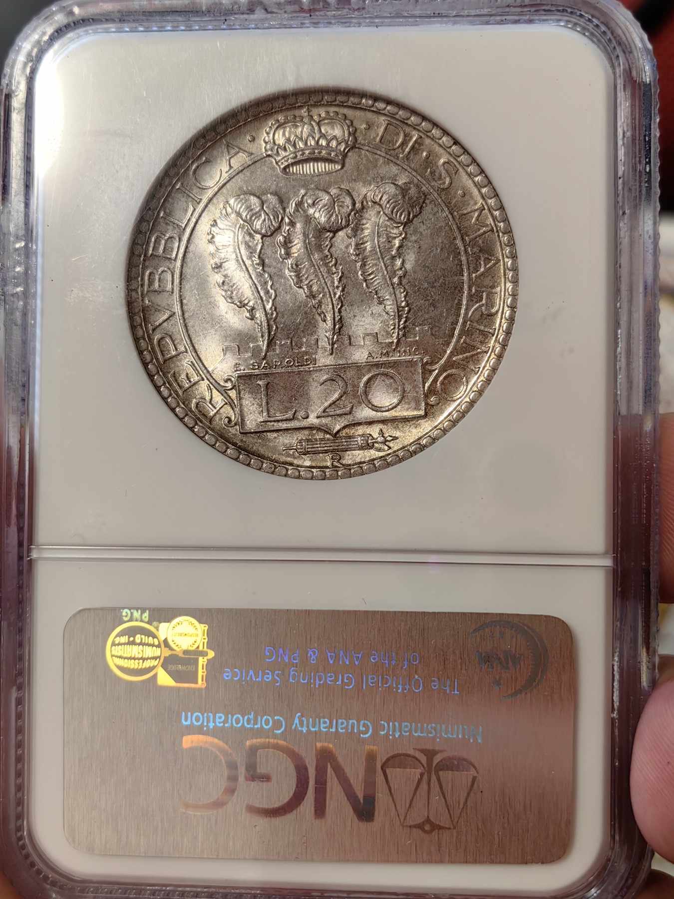 橡树集藏-006场 海纳百川 ngc-ms64 1932年圣马力诺20里拉大银币 环彩黄油包浆 双车轮顶级霜光 老盒严评品质保障 实物状态极佳