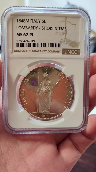 橡树集藏-006场 海纳百川 NGC-MS62pl 1848年意大利伦巴第5里拉，pcgs和ngc一共220个评级记录中唯一评到PL的一枚，唯一冠军分，可遇不可求 。实物精彩炫目，pl的魅力真是一绝。上帝呼唤自由之意大利，设计绝佳，单年版。