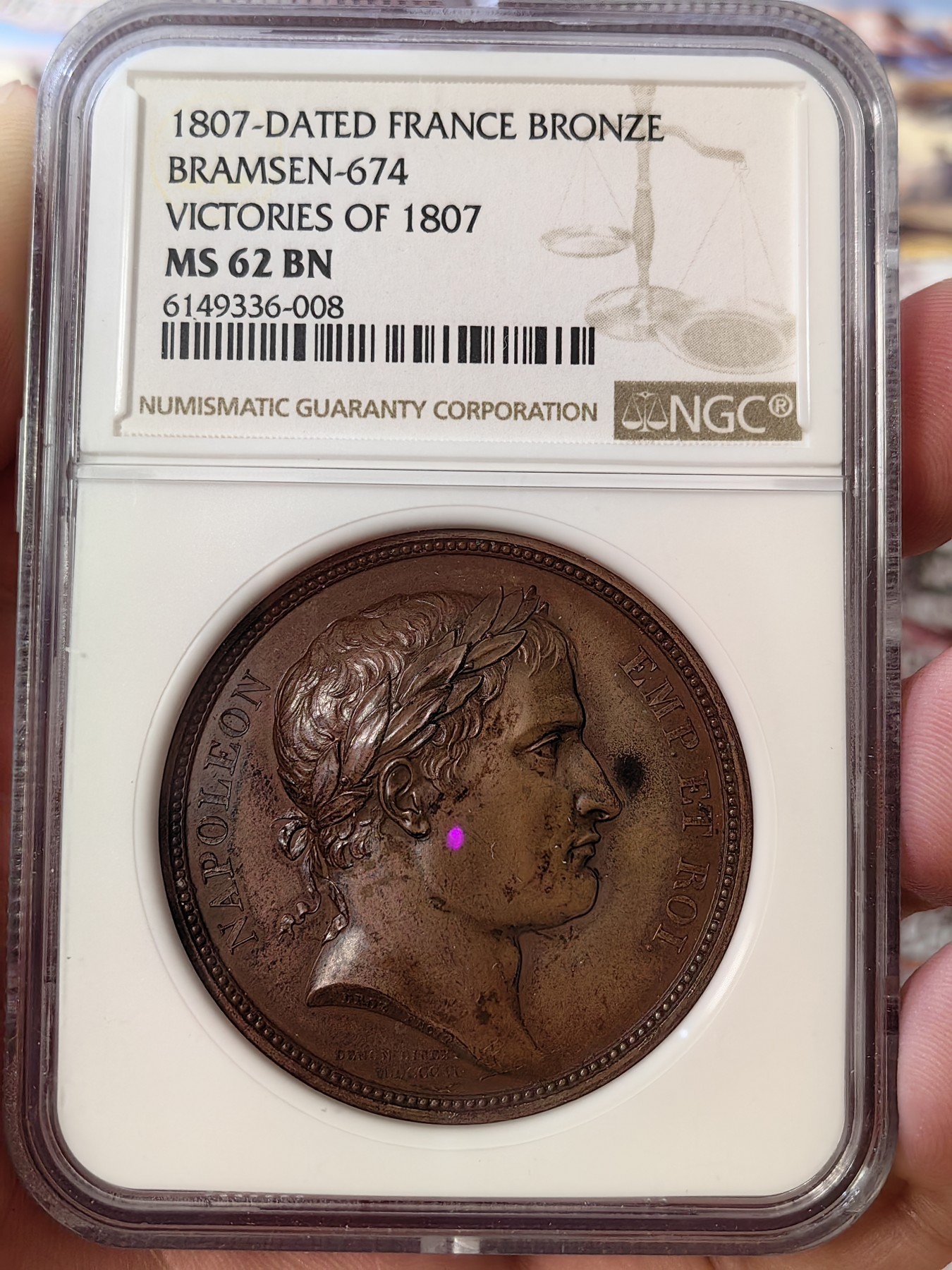 橡树集藏-006场 海纳百川 NGC-ms62 拿破仑 1807 胜利纪念铜章，原铸，背面雄鹰被冠以“胜利之冠”，肖像由DROZ雕刻，加厚盒。