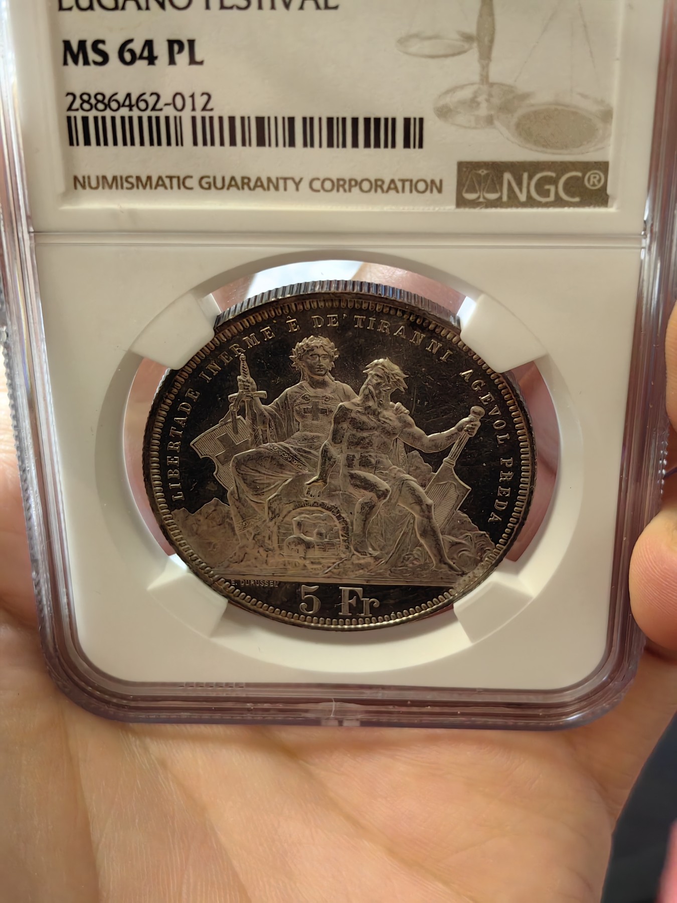 橡树集藏-006场 海纳百川 ngc-ms64pl 1883年瑞士卢加诺射击节5法郎大银币 pl唯一评级  极其罕见的prooflike射击节 实物绝美 令人惊叹