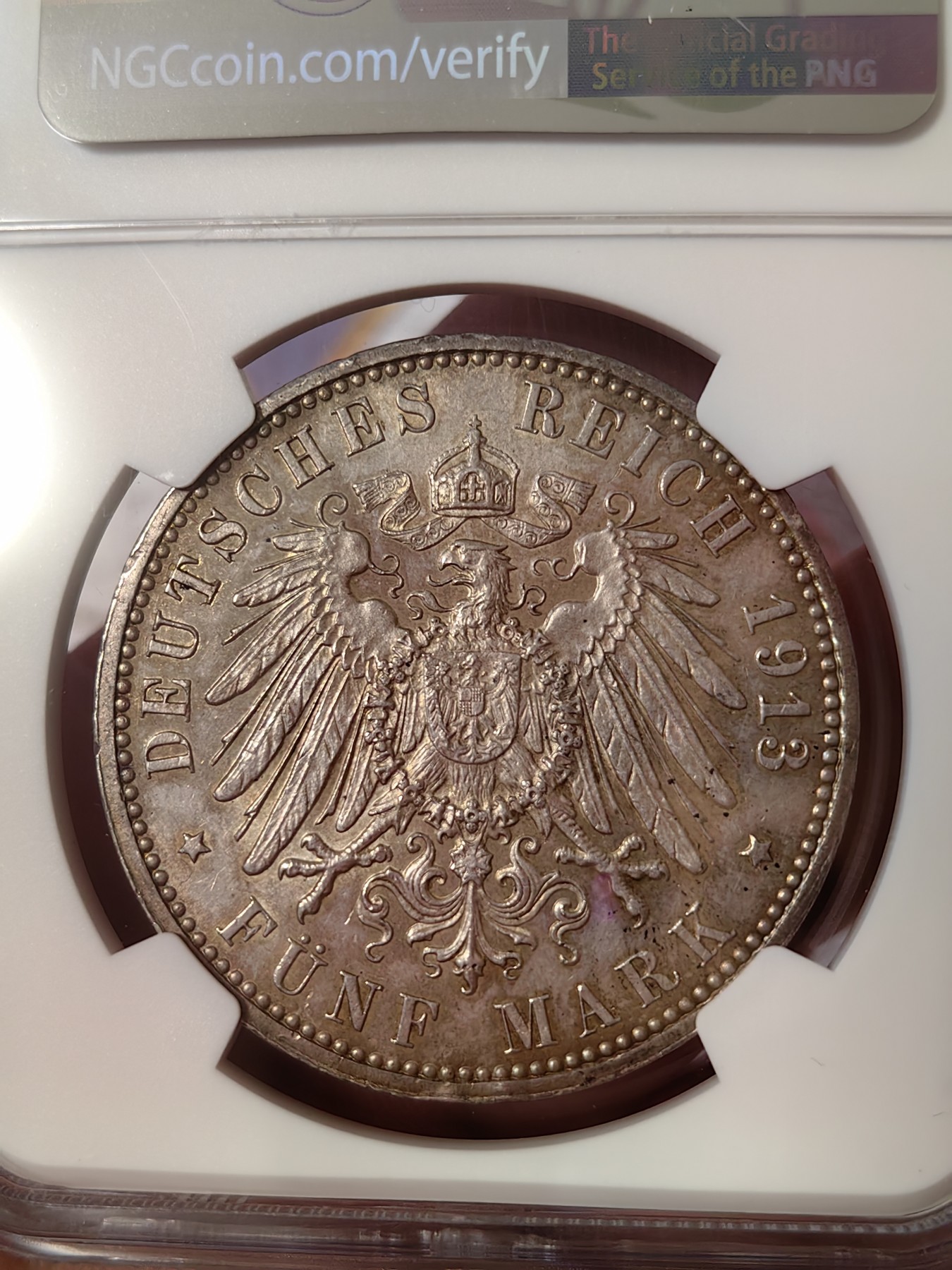 橡树集藏-006场 海纳百川 NGC-MS63 1913年 德国汉堡双狮5马克 温润五彩包浆 沁人心脾 超强底板 严评 入手典藏佳品 