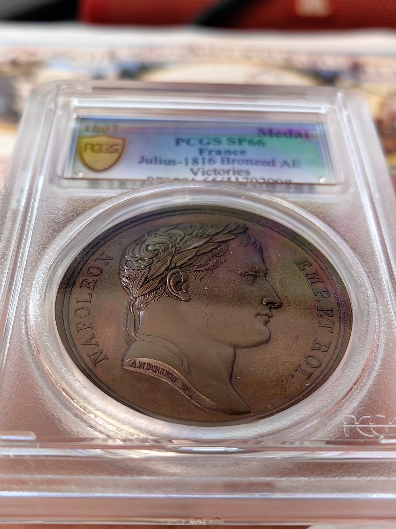 橡树集藏-006场 海纳百川 pcgs-sp66 拿破仑 1807 胜利纪念铜章，原铸，顶级五彩，背面雄鹰被冠以“胜利之冠”，肖像由ANDRLEU雕刻 ，加厚盒。