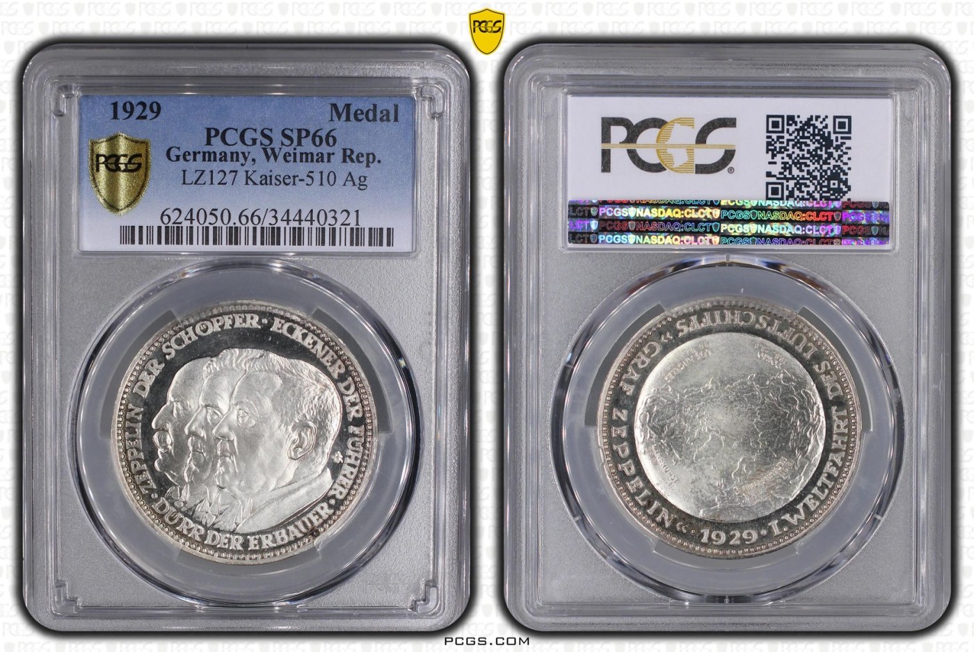 橡树集藏-006场 海纳百川 pcgs-sp66 1929年 (Kaiser-510),齐拍林飞艇环游世界，顶级高分，镜面底板，背面为标注“洛杉矶”“东京”等地名的高浮雕地球图案。