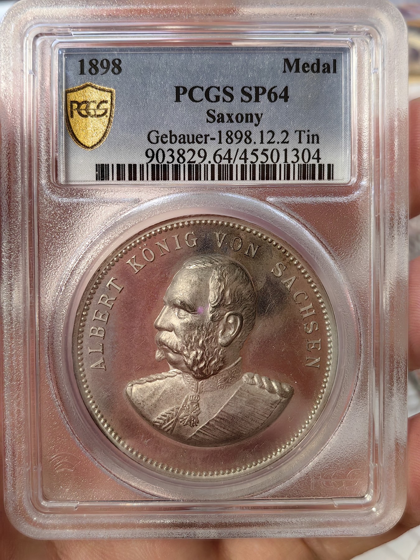 橡树集藏-006场 海纳百川 pcgs-sp64 1898年德国萨克森阿尔伯特纪念章  pc唯一冠军分 顶级镜面 高浮雕加厚盒