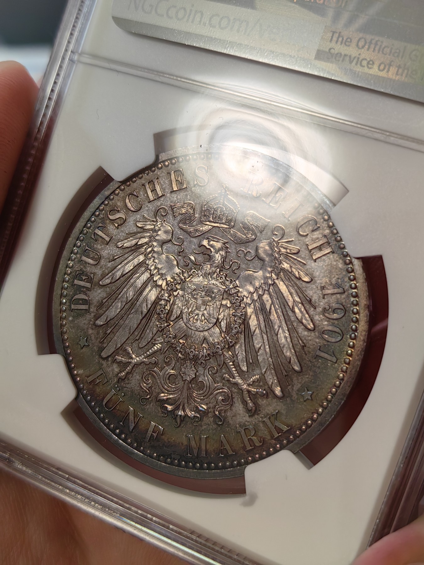 橡树集藏-006场 海纳百川 ngc-pf66 1901年普鲁士精制建国5马克，冠军分。铸造量稀少，顶级品。梦幻五彩，双面彩虹。实物美得一塌糊涂。状态为王，此枚无敌。