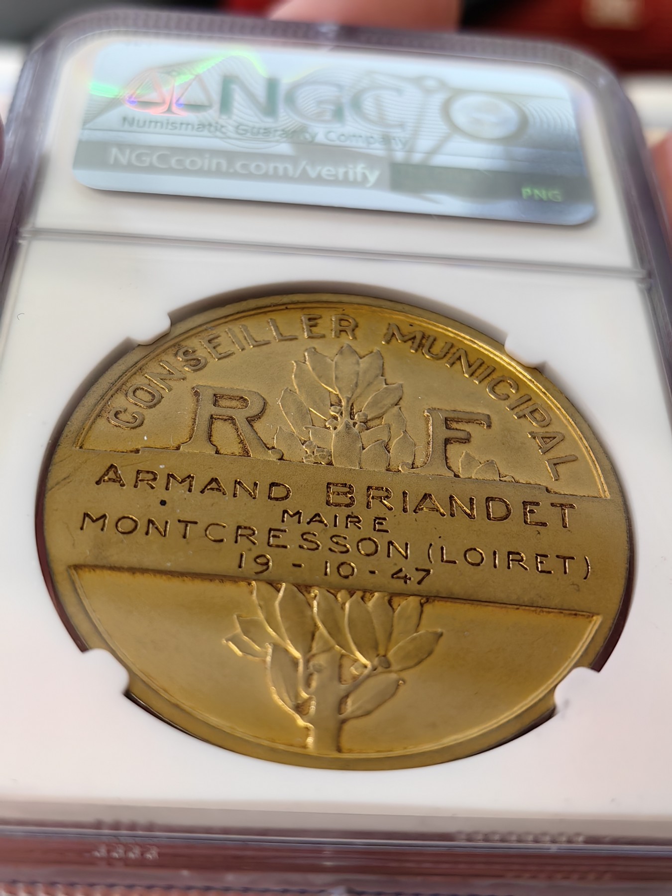 橡树集藏-006场 海纳百川 ngc-Ms65 1947年法国梦珂雷森市议会议员银章 摩龙经典设计 自由帽玛丽安娜 加厚大尺寸 镀金层底板高点皆完美 实物绝美 绝对低评 冠军分自藏好品
