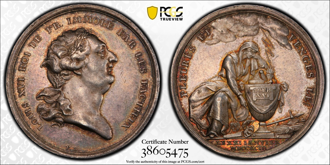 橡树集藏-006场 海纳百川 pcgs-SP61 1789年法国路易十六银章 纪念其被处决 命丧断头台 冠军分 为了美利坚独立 倾其所有 真正的美国国父 loos作品 柏林造币厂 邻国普鲁士制造的有趣的同情作品 隔岸观火 看热闹不嫌事大 贱兮兮 正面是法国国王路易十六头戴荆棘王冠 铭文被叛军杀害 背面是法兰西女神靠在骨灰盒上 指着倒下的王冠 背景是电闪雷鸣暴风雨 法西斯权杖倒地 铭文哀悼并为国王报仇