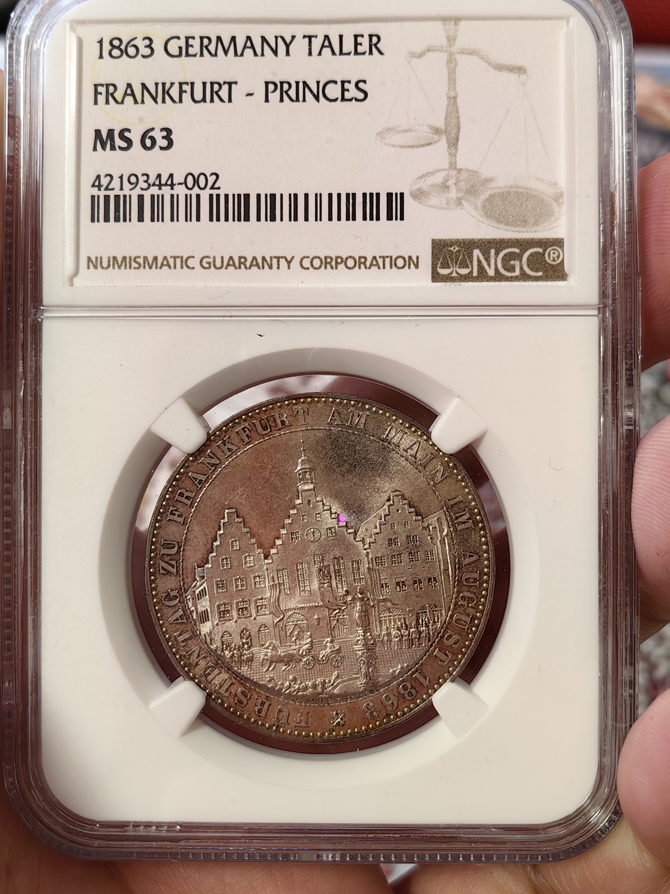 橡树集藏-006场 海纳百川 NGC-MS63 德国法兰克福1863年 王子会议厅1泰勒大银币 细节爆表 设计极佳 车轮转光非常漂亮 热门品种