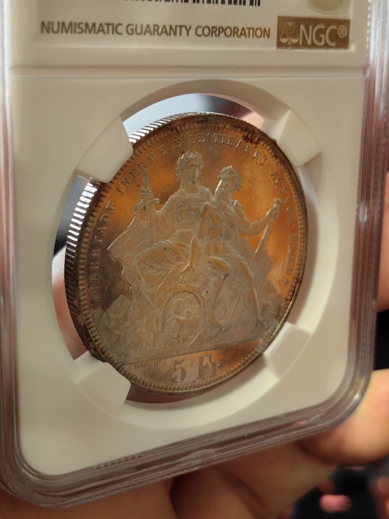 橡树集藏-006场 海纳百川 ngc-ms64pl 1883年瑞士卢加诺射击节5法郎大银币 pl唯一评级  极其罕见的prooflike射击节 实物绝美 令人惊叹