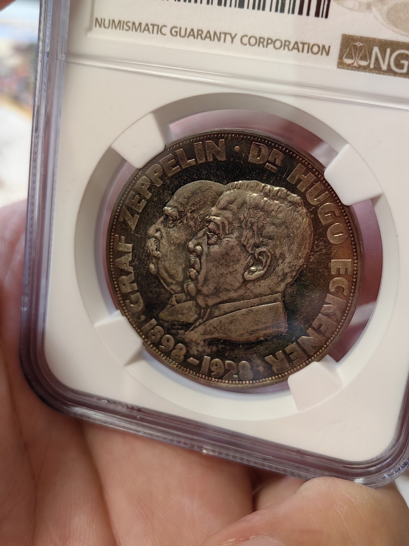 橡树集藏-006场 海纳百川 NGC-ms67 1929 齐柏林飞艇环游世界纪念银章，超顶级高分，镜面五彩。