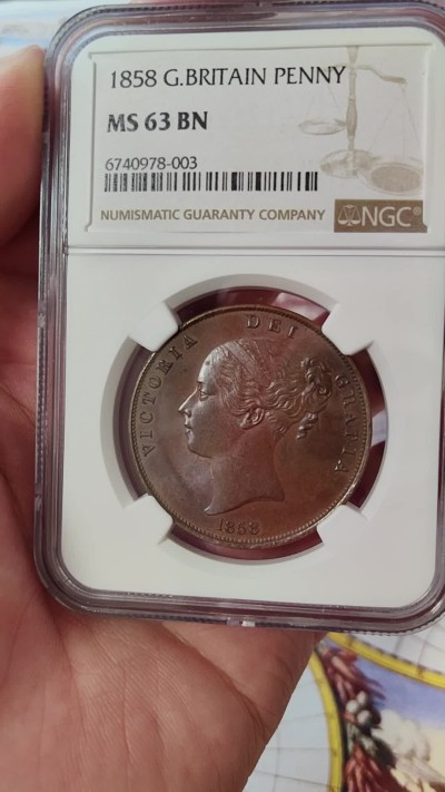 橡树集藏-006场 海纳百川 NGC-MS63BN 英国1858年维多利亚1便士大铜币 完全氧化深色巧克力状态 适合新晋藏家