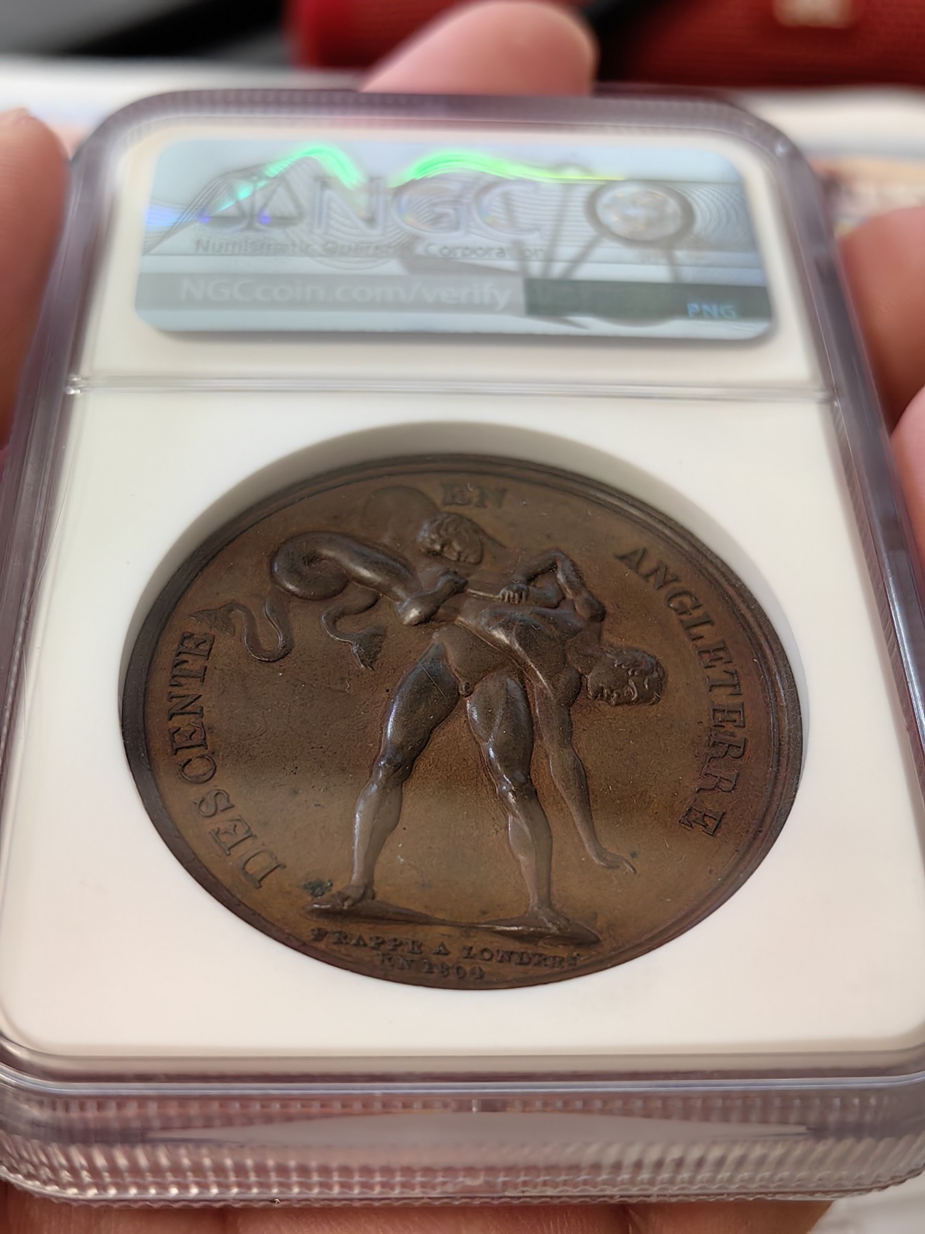 橡树集藏-006场 海纳百川 NGC-ms62 拿破仑1804原铸铜章，入侵英格兰，稀有品种，肖像由DROZ 雕刻（早期人像风格，少见）加厚盒。