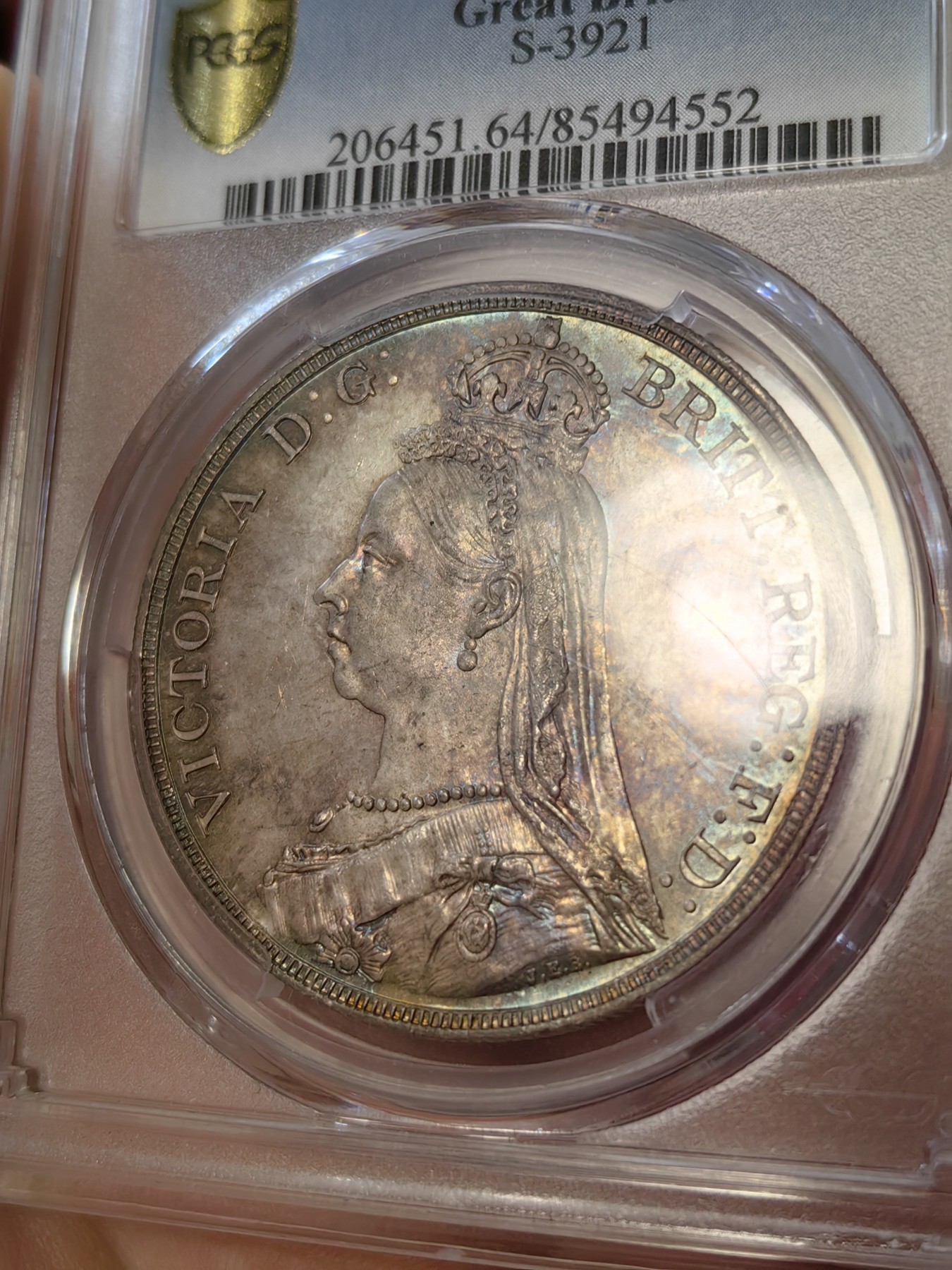 橡树集藏-006场 海纳百川 pcgs-ms64 1887年英国维多利亚高冠克朗马剑 经典品种 双面老包浆 彩虹点缀 实物状态一流
