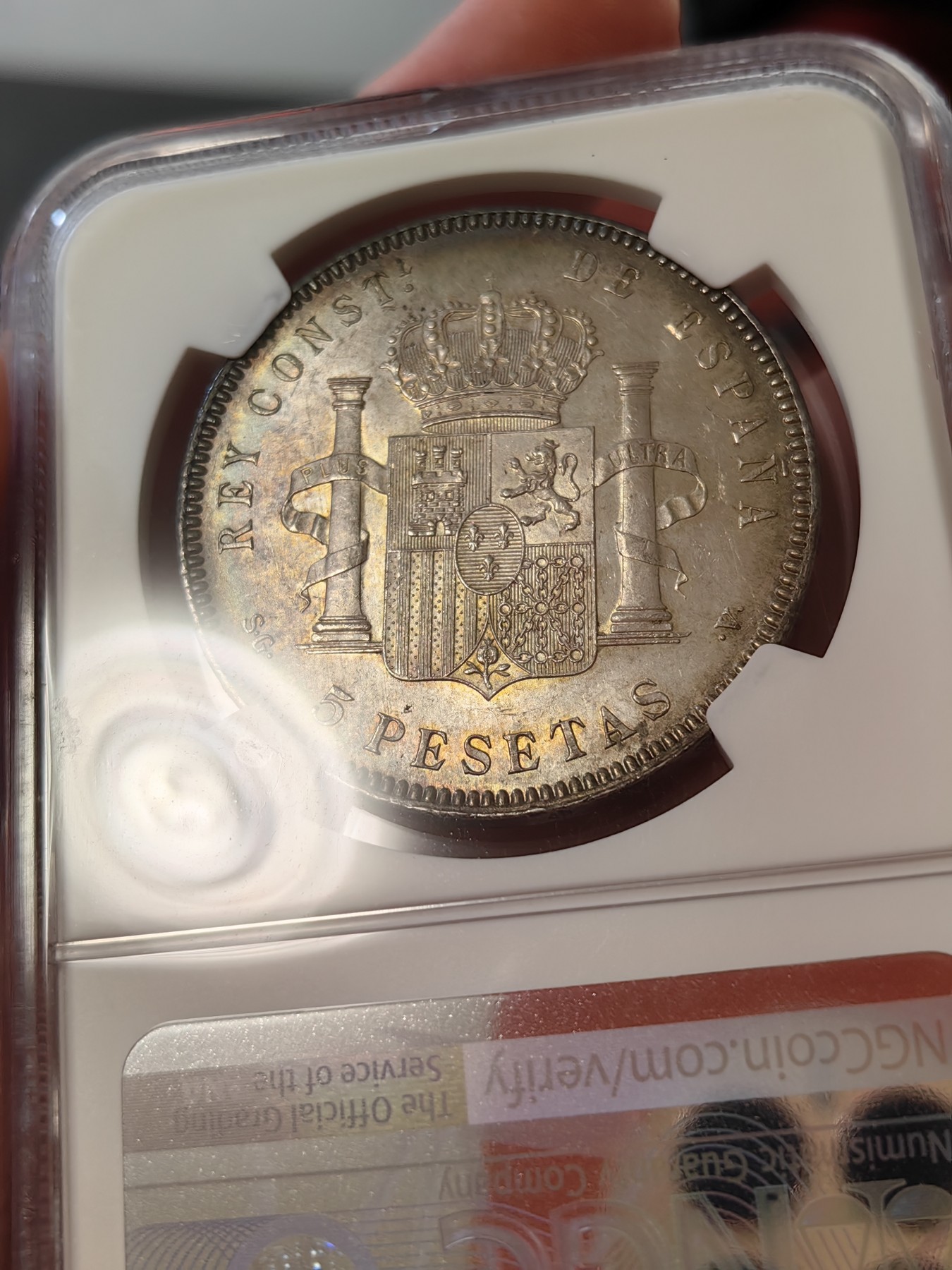 橡树集藏-006场 海纳百川 ngc-MS64 1899年 西班牙5比塞塔大银币 经典男童设计 海格力斯双柱 正面原味窖藏金彩  背面杏仁丝滑彩浆 顶级车轮光 打制优异底板佳 实物绝美