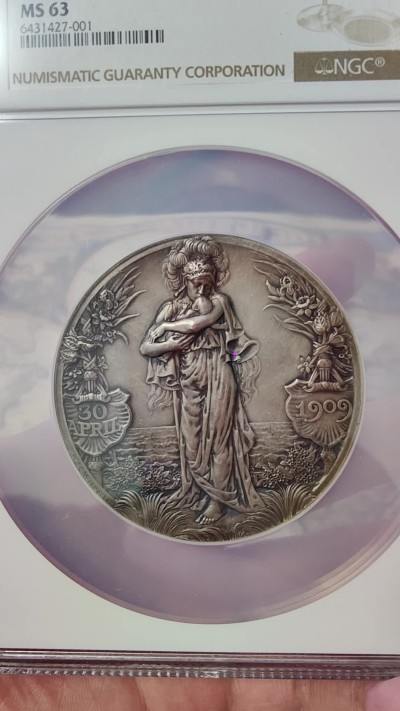 橡树集藏-006场 海纳百川 NGC MS63 1909年荷兰朱莉安娜公主诞生纪念大银章，发行量400枚，荷兰王室经典名章 现在好品相的越来越难见到！！！